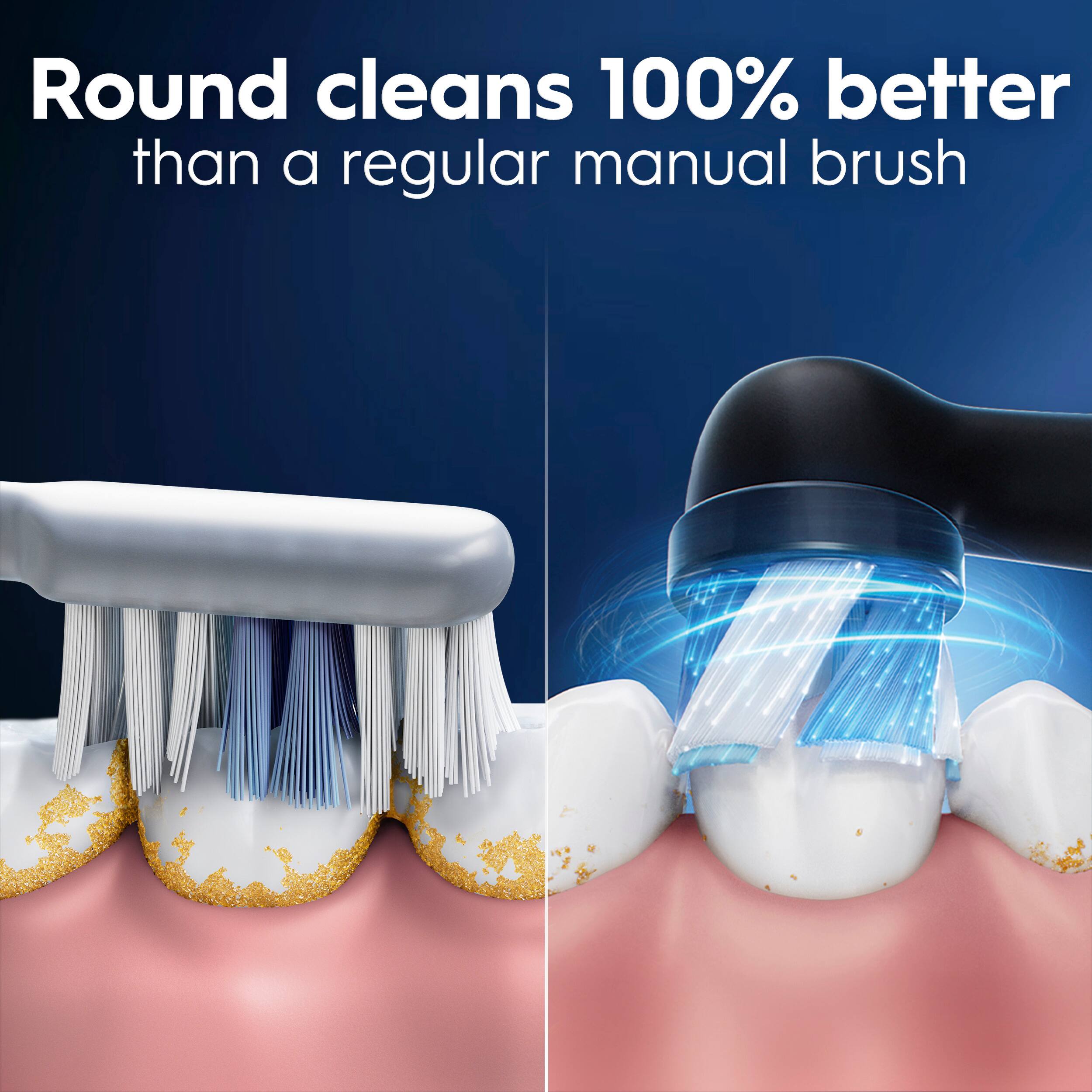 Round cleans 100% better than a regular manual brush.