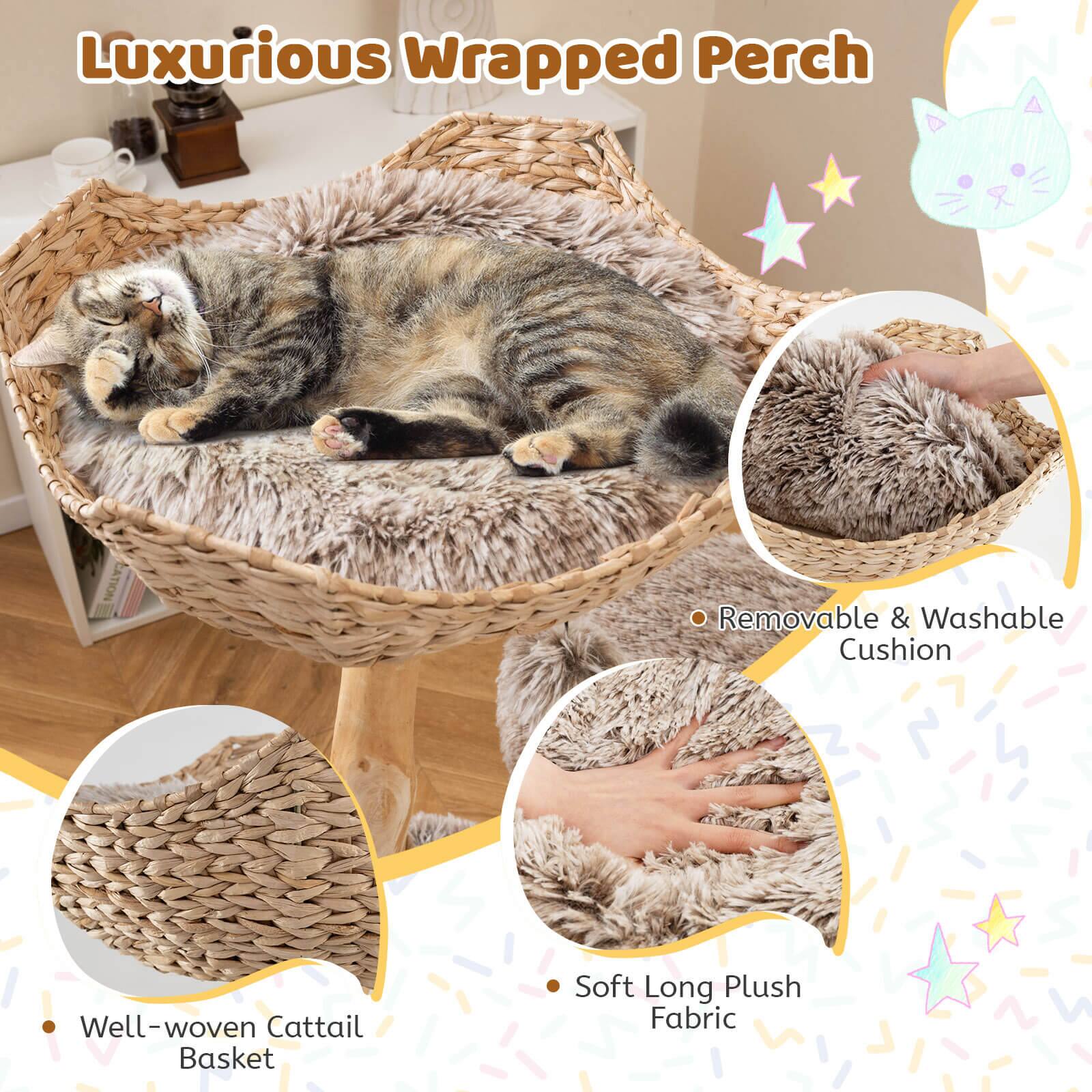 Luxurious Wrapped Perch

- Well-woven Cattail Basket
- Soft Long Plush Fabric
- Removable & Washable Cushion