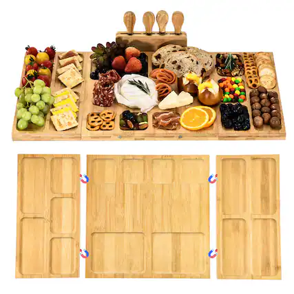 Front. Unique Bargains - Bamboo Charcuterie Boards & Knife Set, 3 in 1 Magnetic Large Cheese Platter, Gift for House Warming - Yellow.