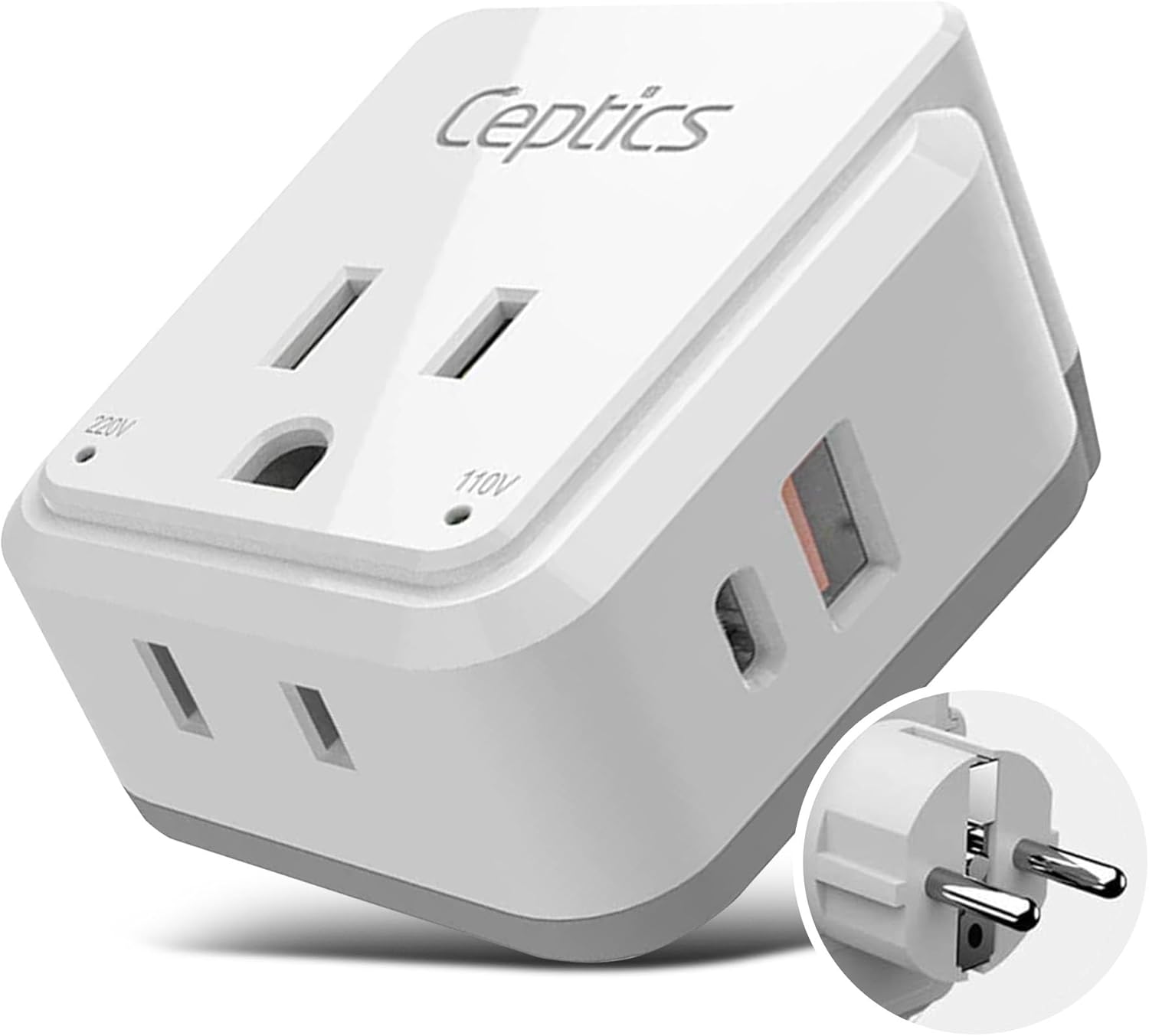 Ceptics - Germany & Korea Travel Plug Adapter Set – 20W PD & QC, Dual USB & USB-C, 2 USA Outlets – Type E/F SWadAPt - White