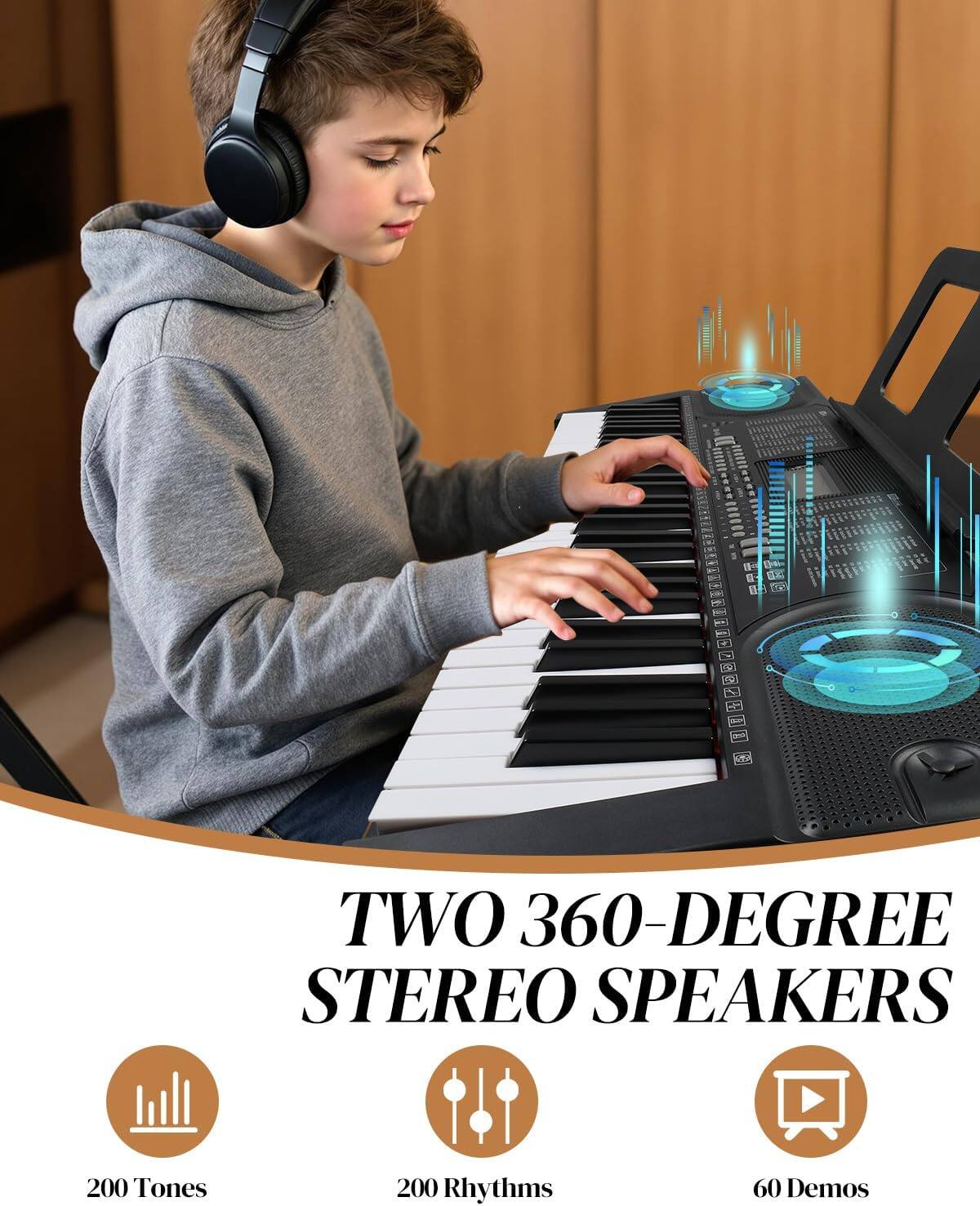 TWO 360-DEGREE STEREO SPEAKERS  
200 Tones  
200 Rhythms  
60 Demos