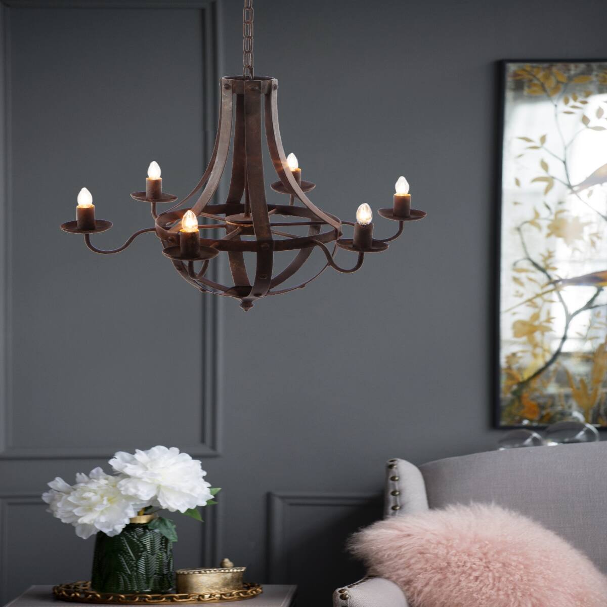 Alt View 2. Loheer - Loheer 6-Light Black Iron Chandelier with Adjustable Chain for Dining Room and Foyer.