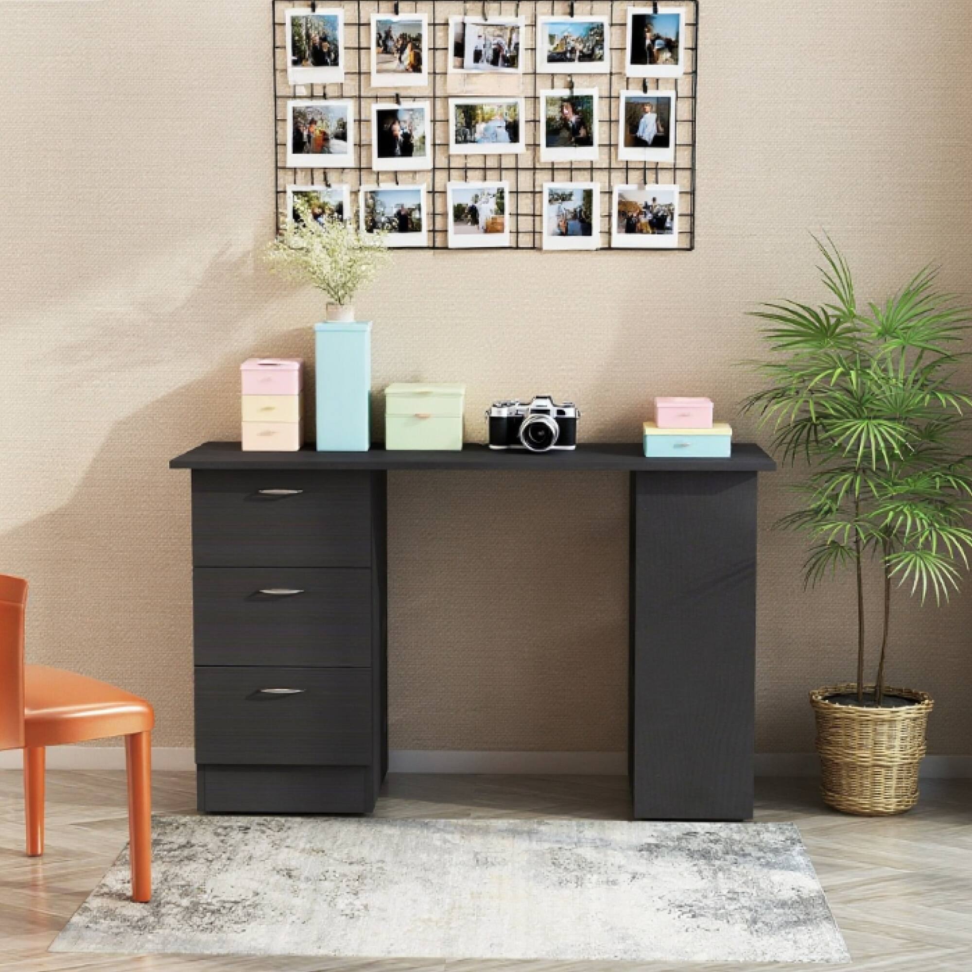 Angle. GOODSILO - Modern Home Office Computer Desk with Bookshelf Storage and Drawers - Space Saving Workstation for Small Spaces - Black.