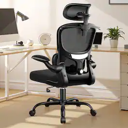 KERDOM - Ergonomic Office Chair with 3D Adjustable Lumbar Support & Headrest, Breathable Mesh Tilt Computer Chair, Filp-up Arms - Black with Headrest