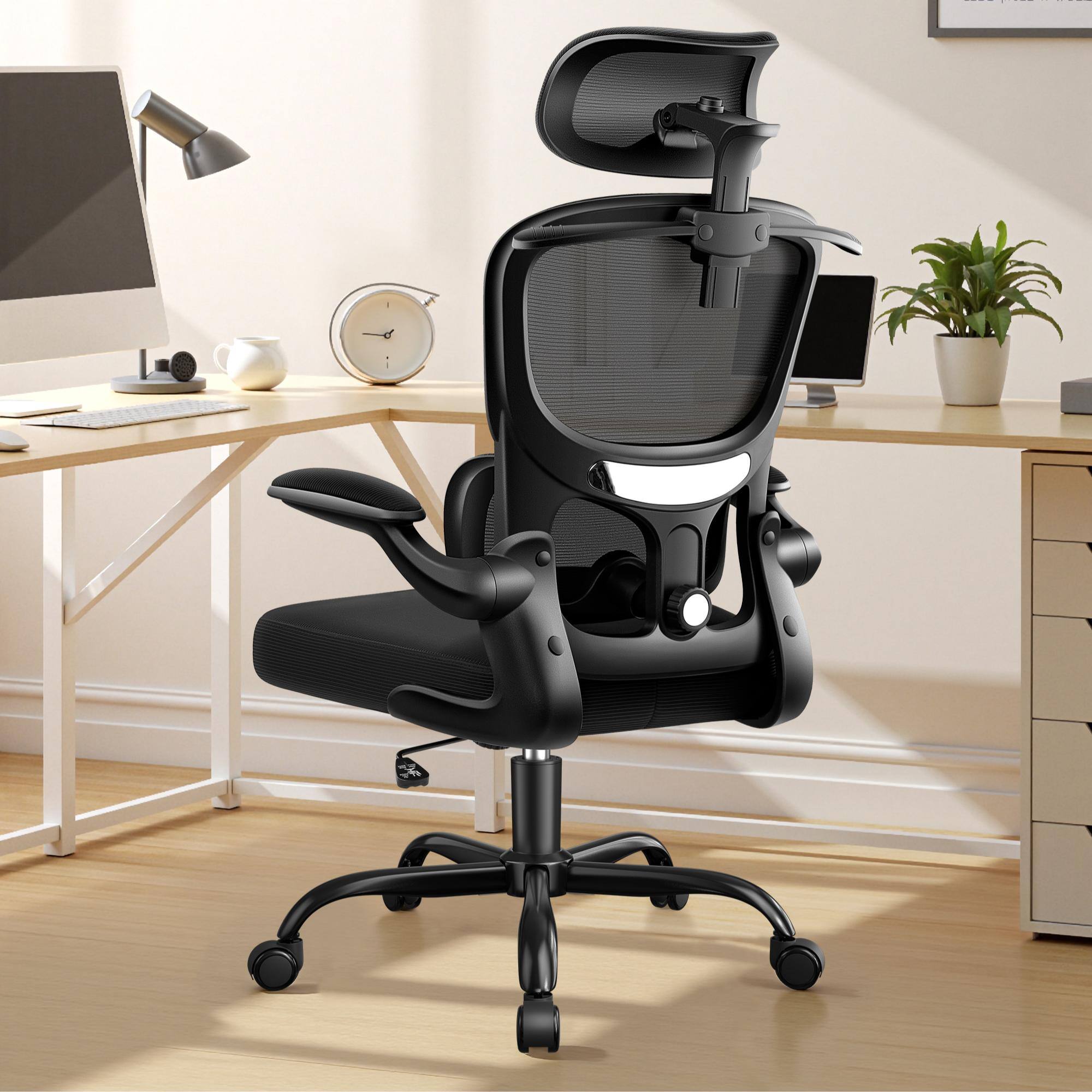 KERDOM - Ergonomic Office Chair with 3D Adjustable Lumbar Support & Headrest, Breathable Mesh Tilt Computer Chair, Filp-up Arms - Black with Headrest