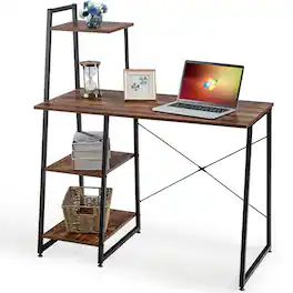 Costway - Modern Computer Desk with 3-tier Storage Shelf CPU Stand Metal Frame for Bedroom - Rustic Brown,Black