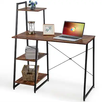 Front. Costway - Costway Modern Computer Desk with 3-tier Storage Shelf CPU Stand Metal Frame for Bedroom - Rustic Brown,Black.