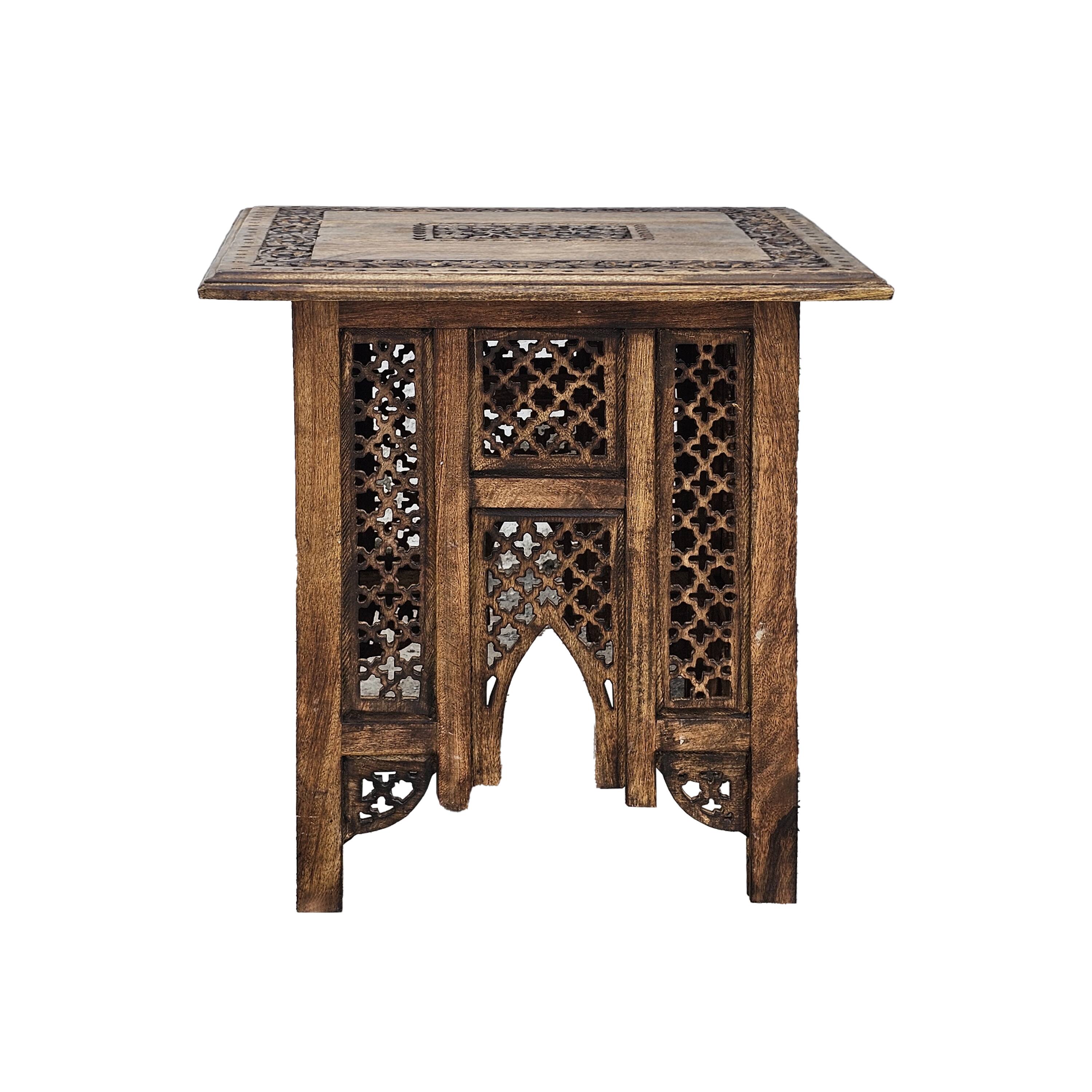 Alt View 1. Manhattan Lane - 21 Inch Boho Side End Table, Floral Carved Details, Foldable Panel Legs - Brown.