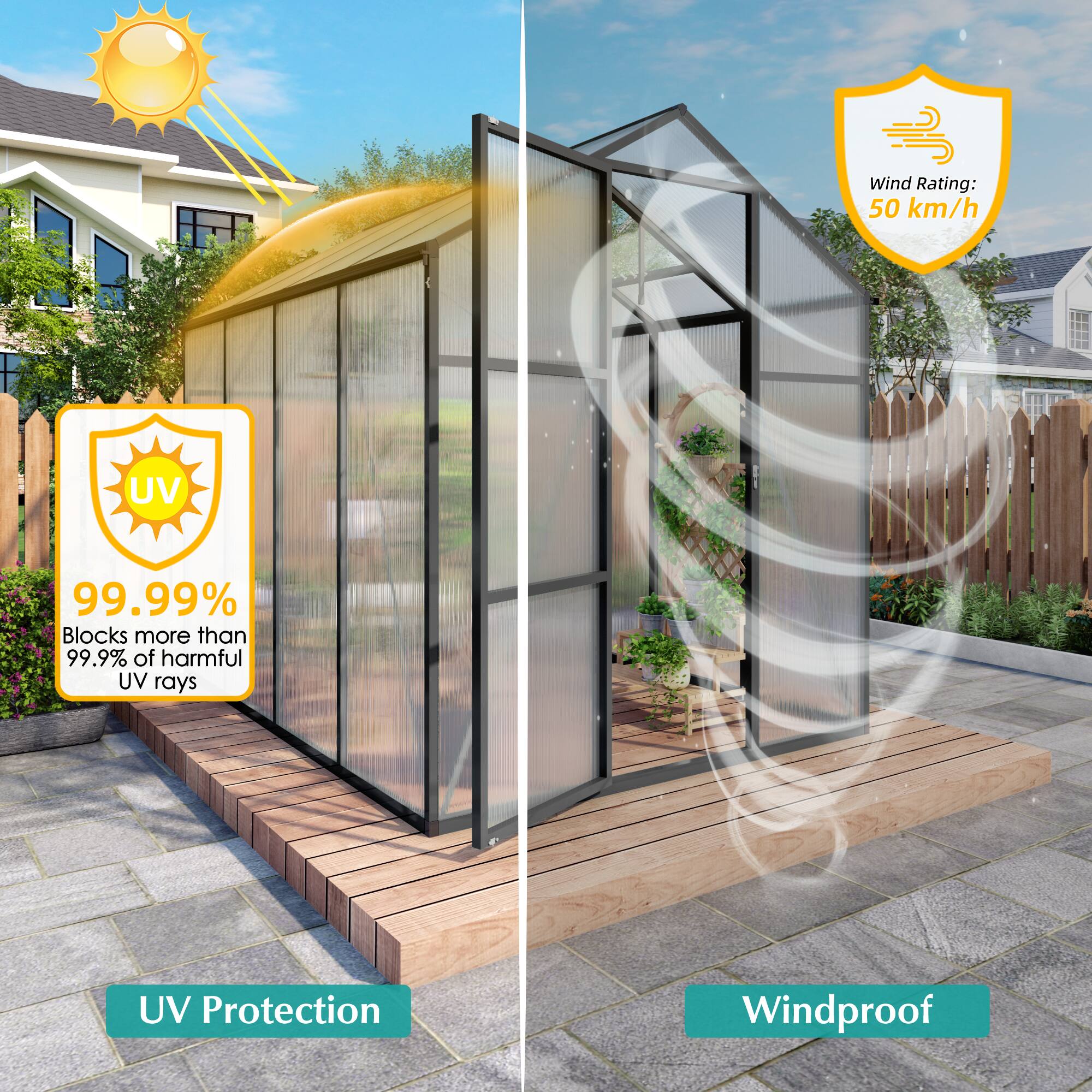 Wind Rating: 50 km/h  
UV Protection: 99.99%  
Blocks more than 99.9% of harmful UV rays  
Windproof