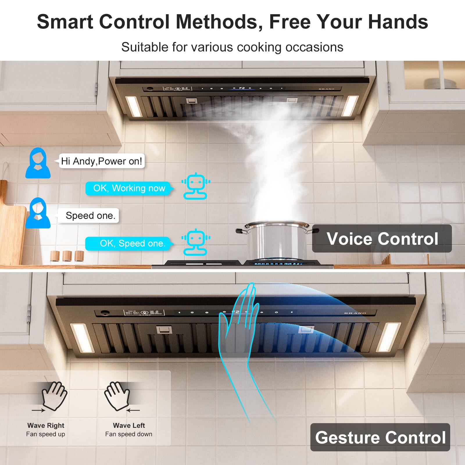 Smart Control Methods, Free Your Hands  
Suitable for various cooking occasions  

Hi Andy, Power on!  
OK, Working now  

Speed one.  
OK, Speed one.  

Voice Control  

Wave Right  
Fan speed up  

Wave Left  
Fan speed down  

Gesture Control