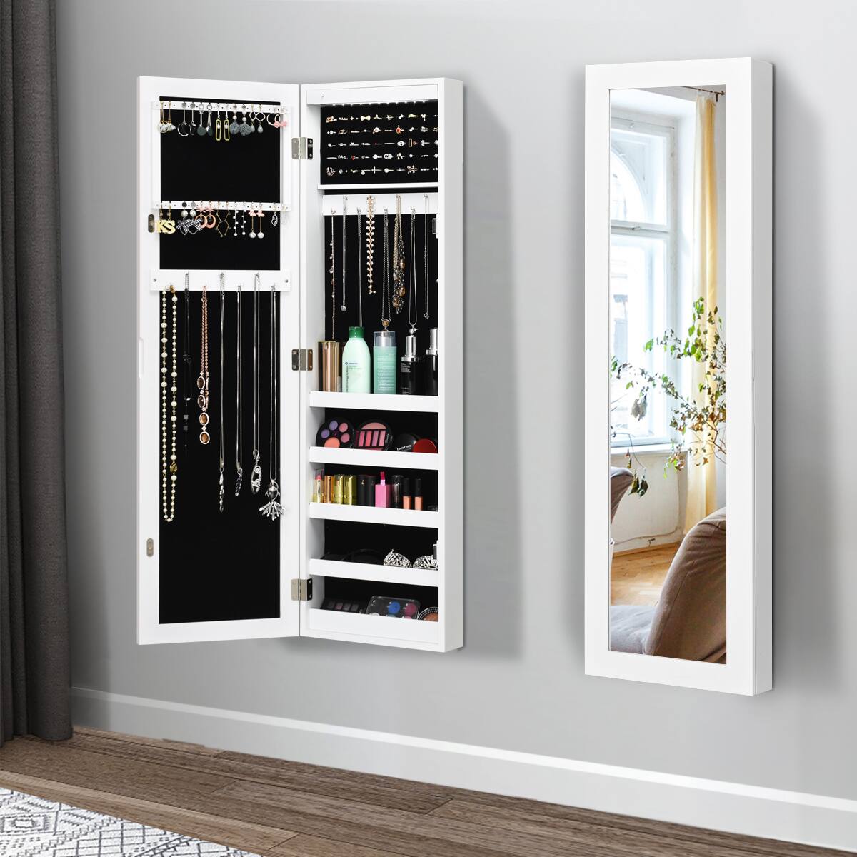 Angle. Costway - Wall Door Mounted Mirrored Jewelry Cabinet Organizer Storage w/LED Light White - White.