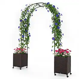 Costway - Garden Arch Trellis with 2 Self-watering Planter Boxes, Lockable Wheels for Plants - Black,Brown