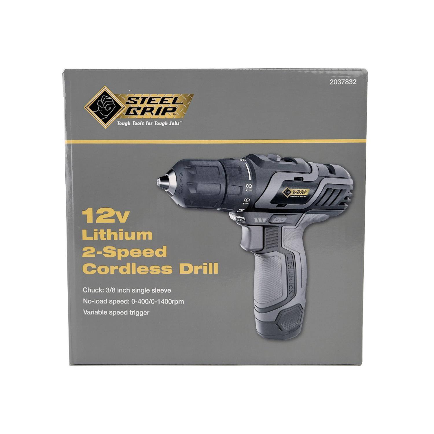2037832  
STEEL GRIP  
Tough Tools for Tough Jobs"  
- 12v Lithium 2-Speed Cordless Drill  
- Chuck: 3/8 inch single sleeve  
- No-load speed: 0-400/0-1400rpm  
- Variable speed trigger