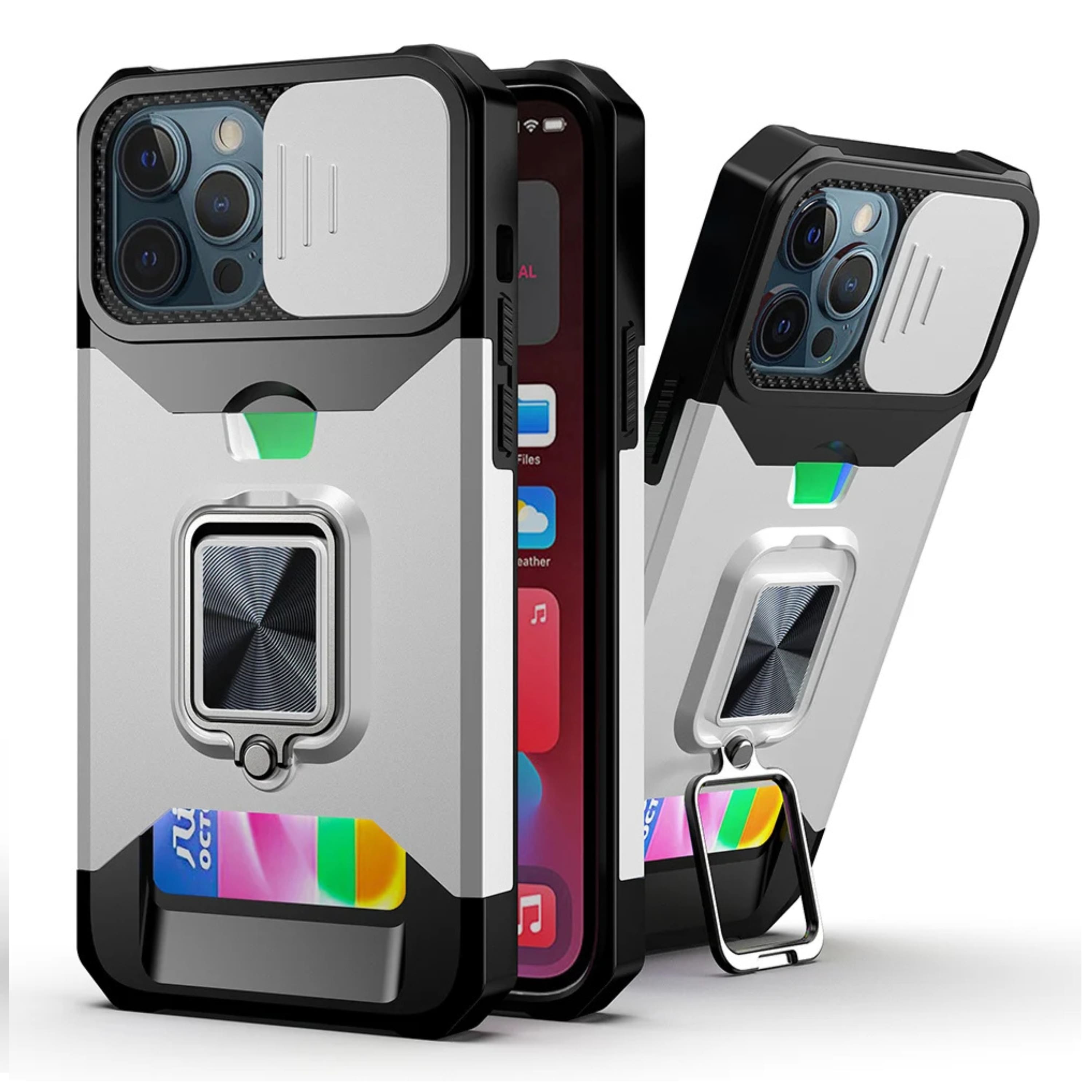 Kitcheniva - Rugged Protective Phone Case With Card Holder And Ring Stand For iPhone XR - Silver