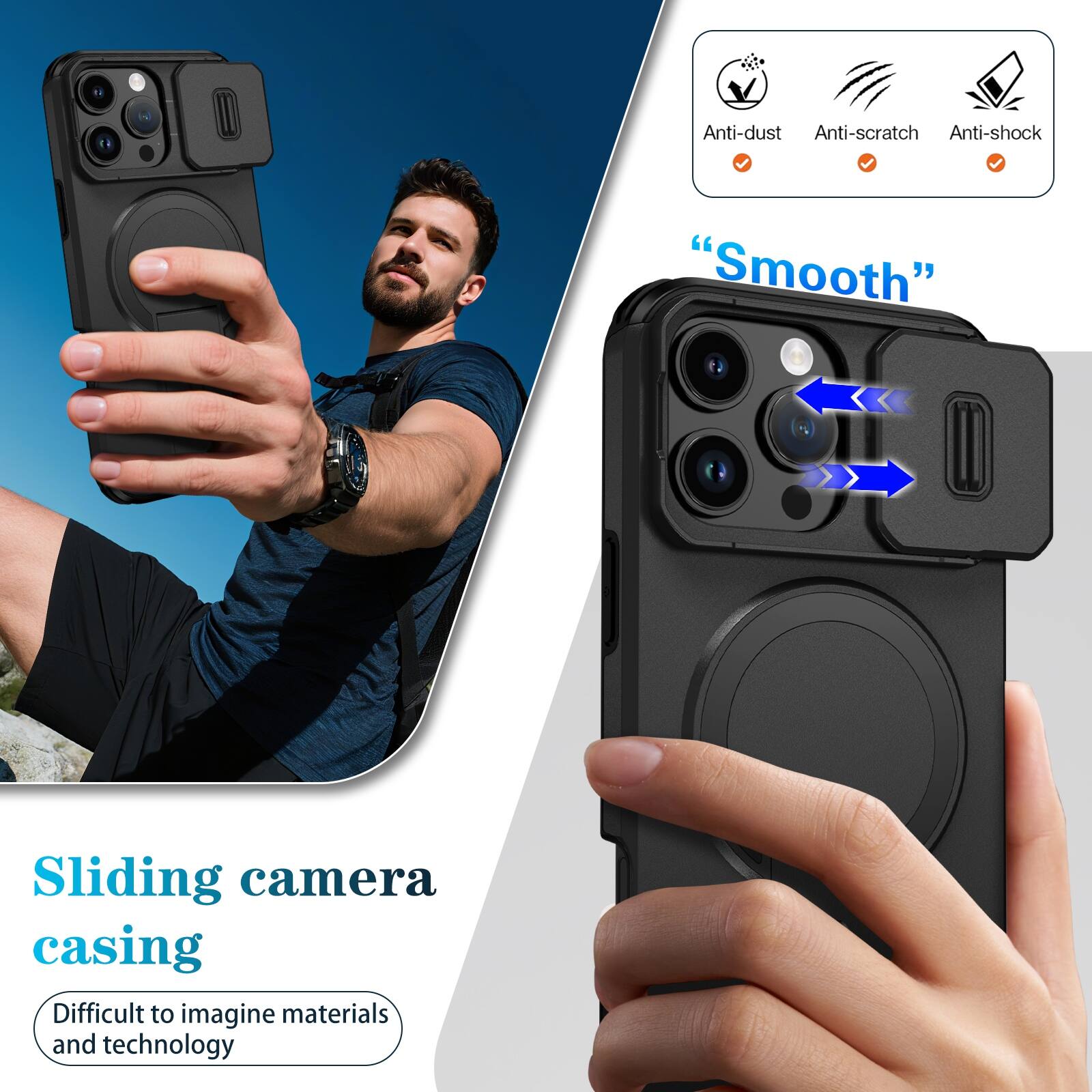 Anti-dust  
Anti-scratch  
Anti-shock  

"Smooth"  

Sliding camera casing  
Difficult to imagine materials and technology