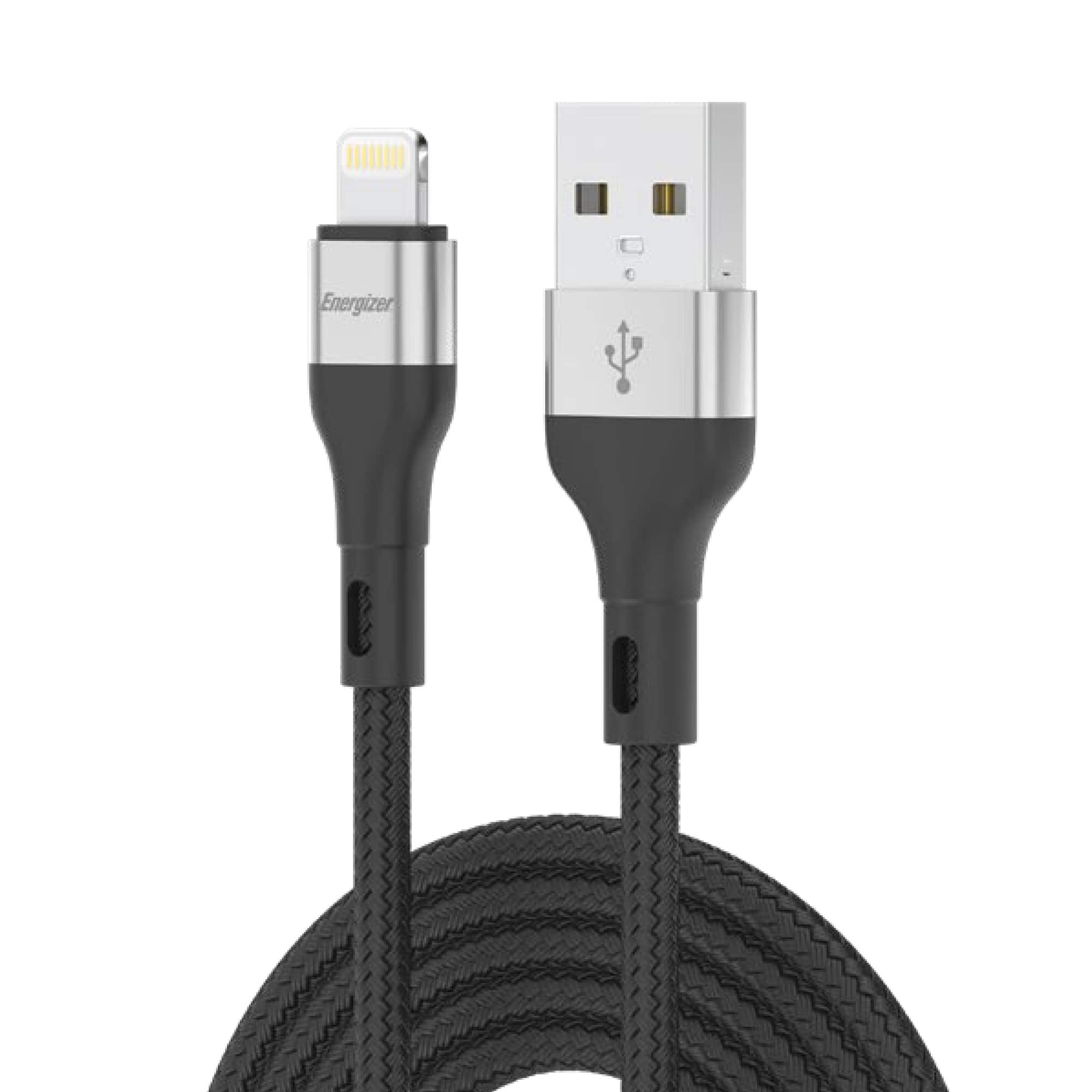 Energizer - Extra Long Braided USB Cable, Lightning to USB, 10 Ft Durable Cord, Aluminum Alloy Shell - Black