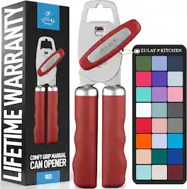 Zulay Kitchen - Heavy Duty Stainless Steel Manual Can Opener with Turn Knob & Comfy Soft Grip Handles - Red