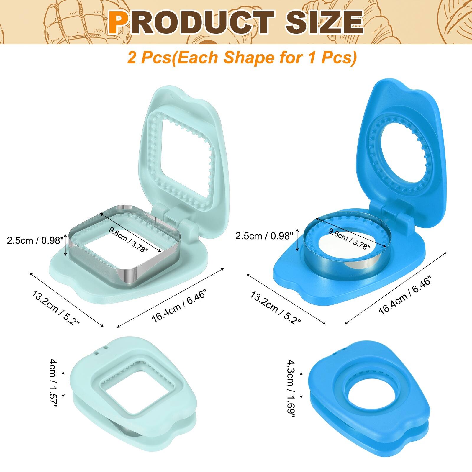PRODUCT SIZE  
2 Pcs (Each Shape for 1 Pcs)  
2.5cm / 0.98"  
13.2cm / 5.2"  
9.6cm / 3.78"  
6.46" / 16.4cm  
4cm / 1.57"  
4.3cm / 1.69"