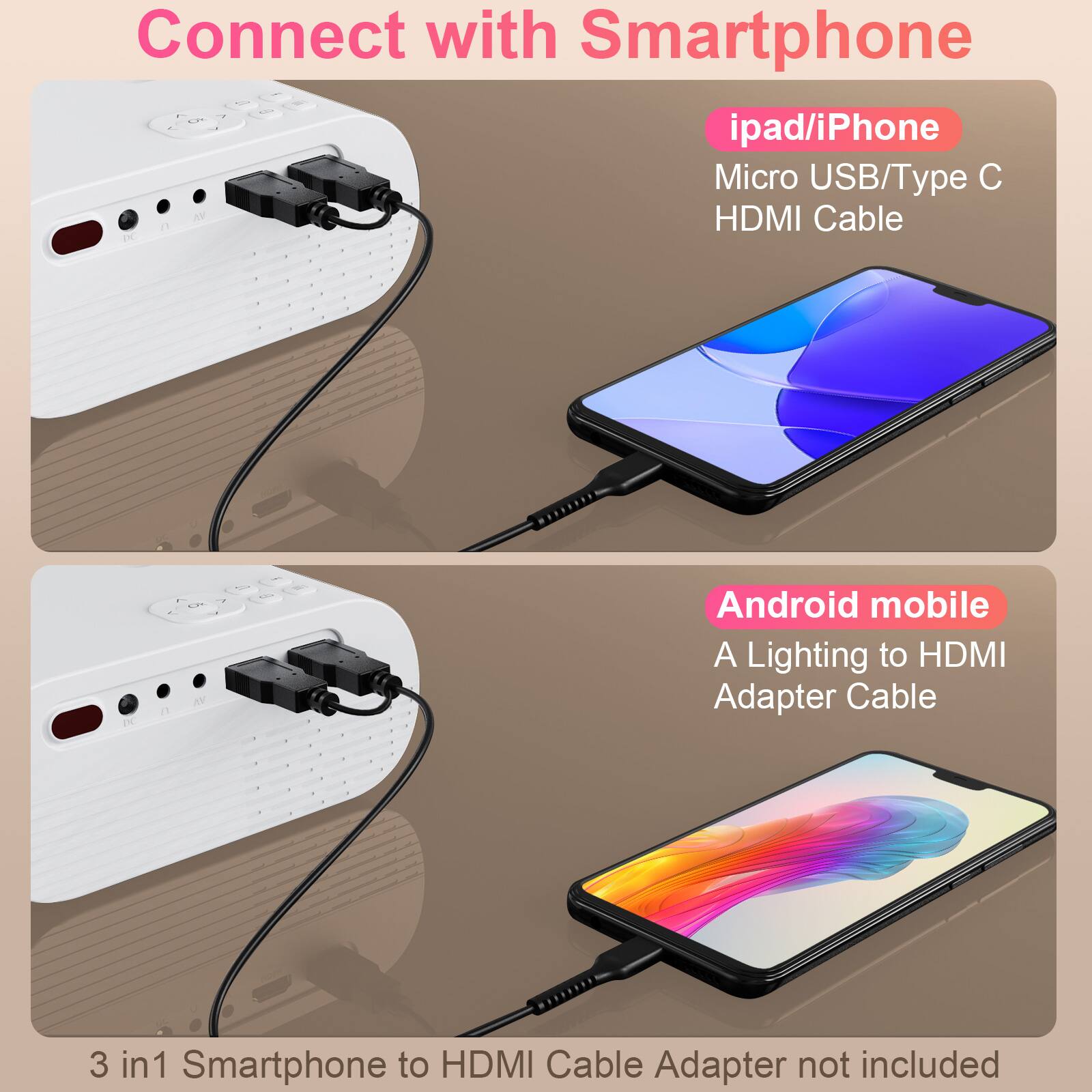Connect with Smartphone

- iPad/iPhone
  - Micro USB/Type C HDMI Cable

- Android mobile
  - A Lighting to HDMI Adapter Cable

3 in 1 Smartphone to HDMI Cable Adapter not included