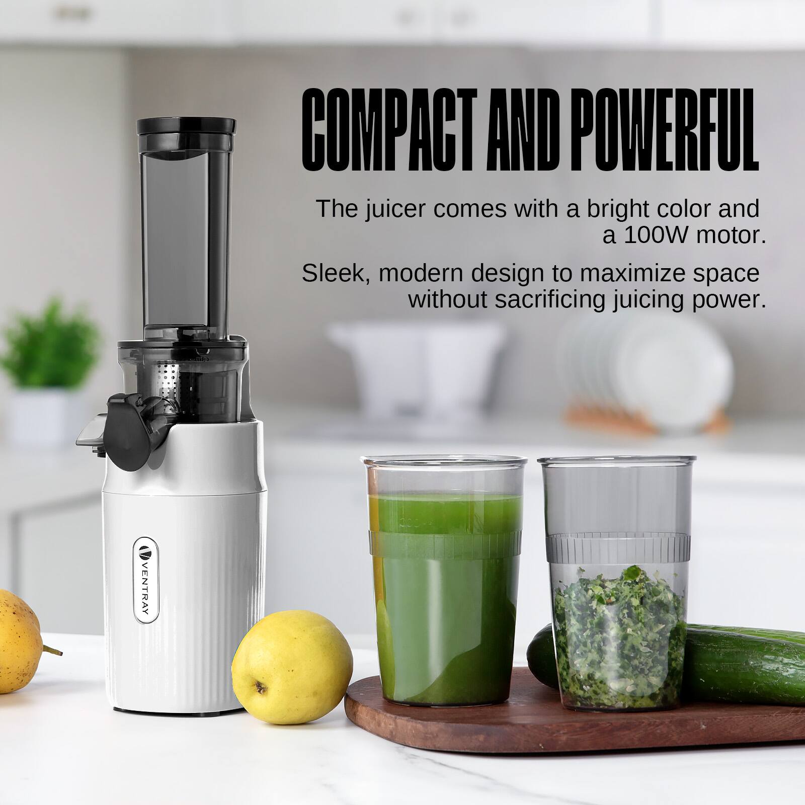 COMPACT AND POWERFUL

The juicer comes with a bright color and a 100W motor. Sleek, modern design to maximize space without sacrificing juicing power.