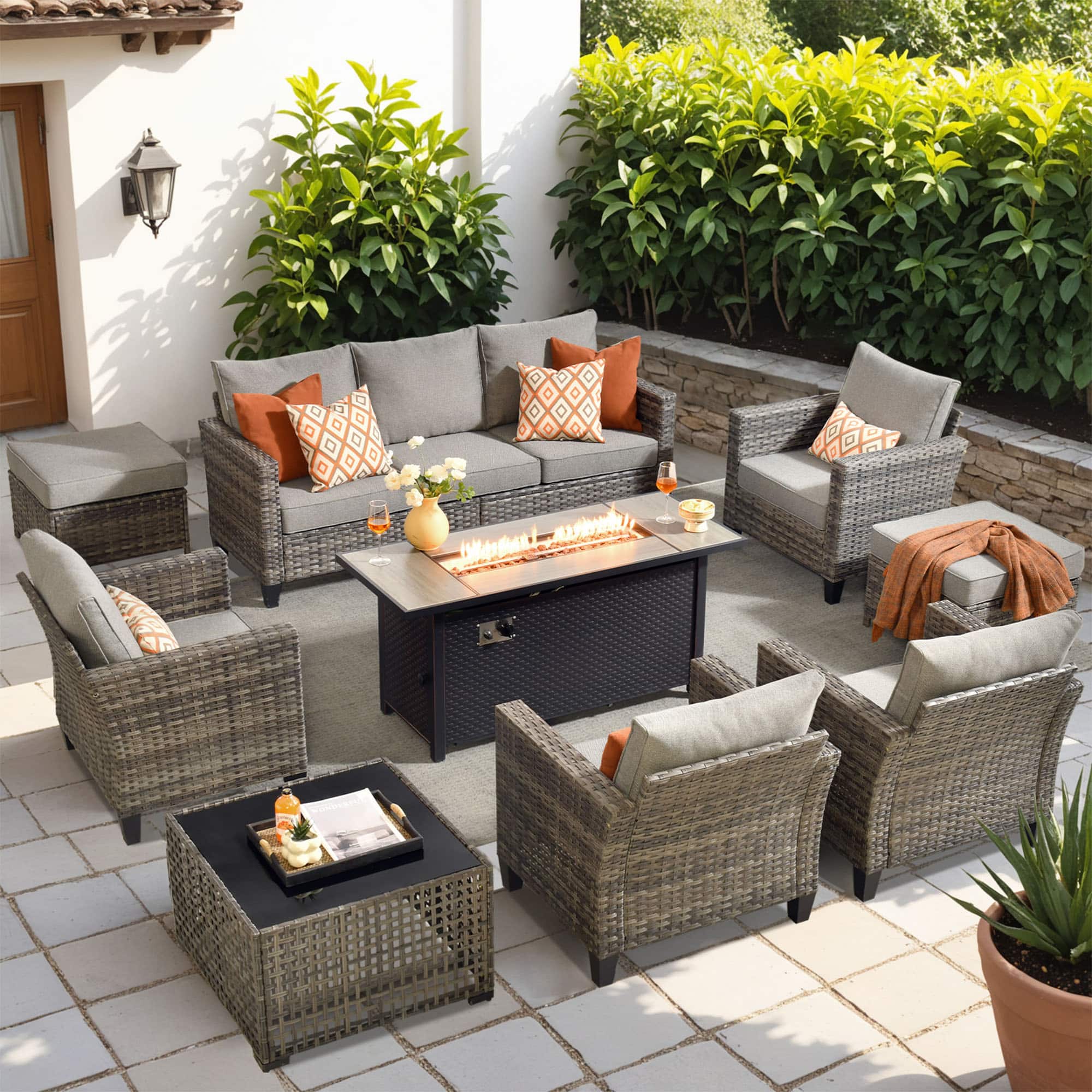 Ovios - 9 PCS Patio Furniture Conversation Sofa Set with Armchair, Coffee Table & 54" Fire Pit Table - Dark Gray