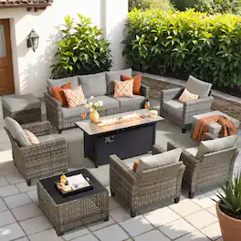 Ovios - 9 PCS Patio Furniture Conversation Sofa Set with Armchair, Coffee Table & 54" Fire Pit Table - Dark Gray
