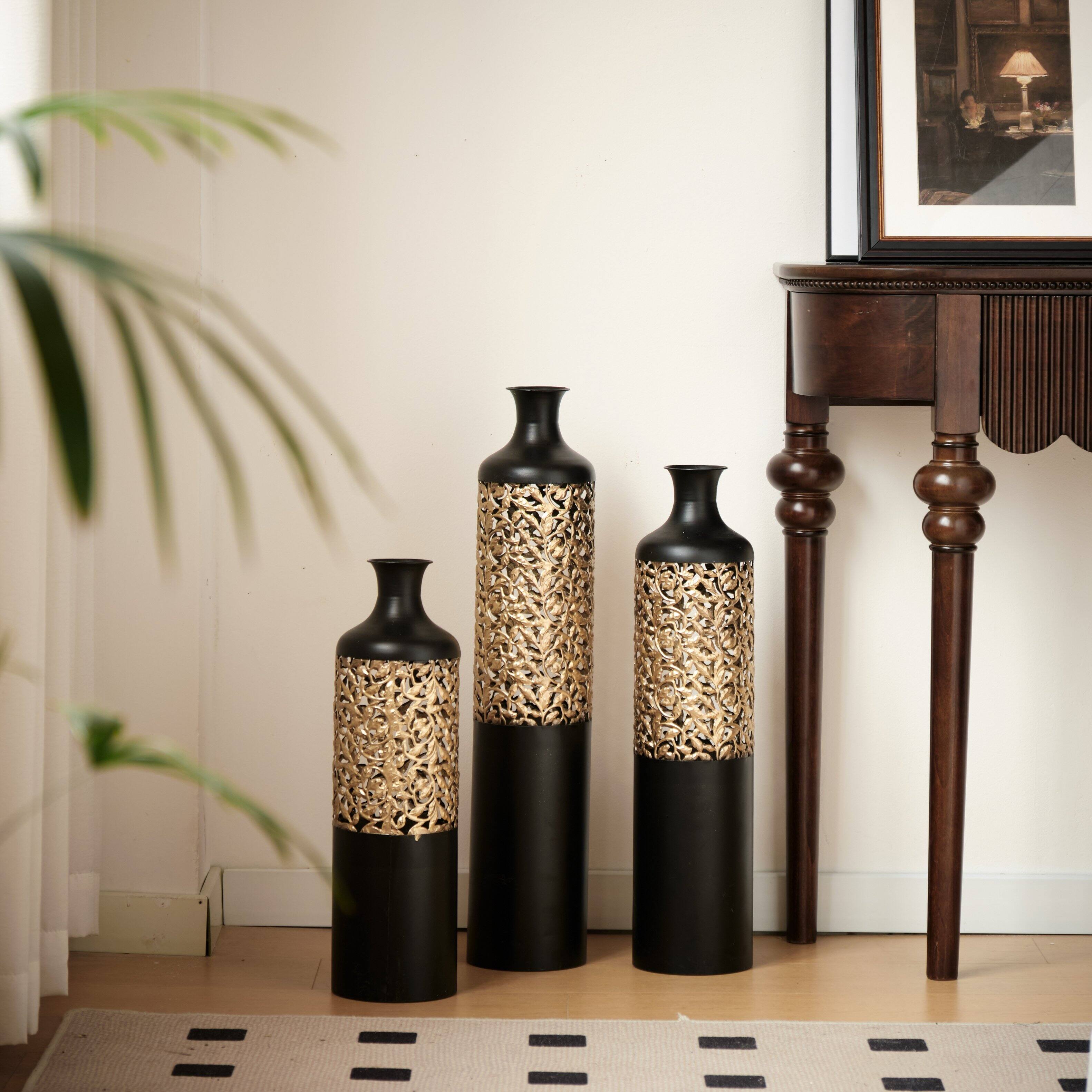 Angle. Anysun - White Metal Floor Vases Set of 3 - Glazed Finish, 20.8in/24.8in/28.7in Height for Home Decor - Black.