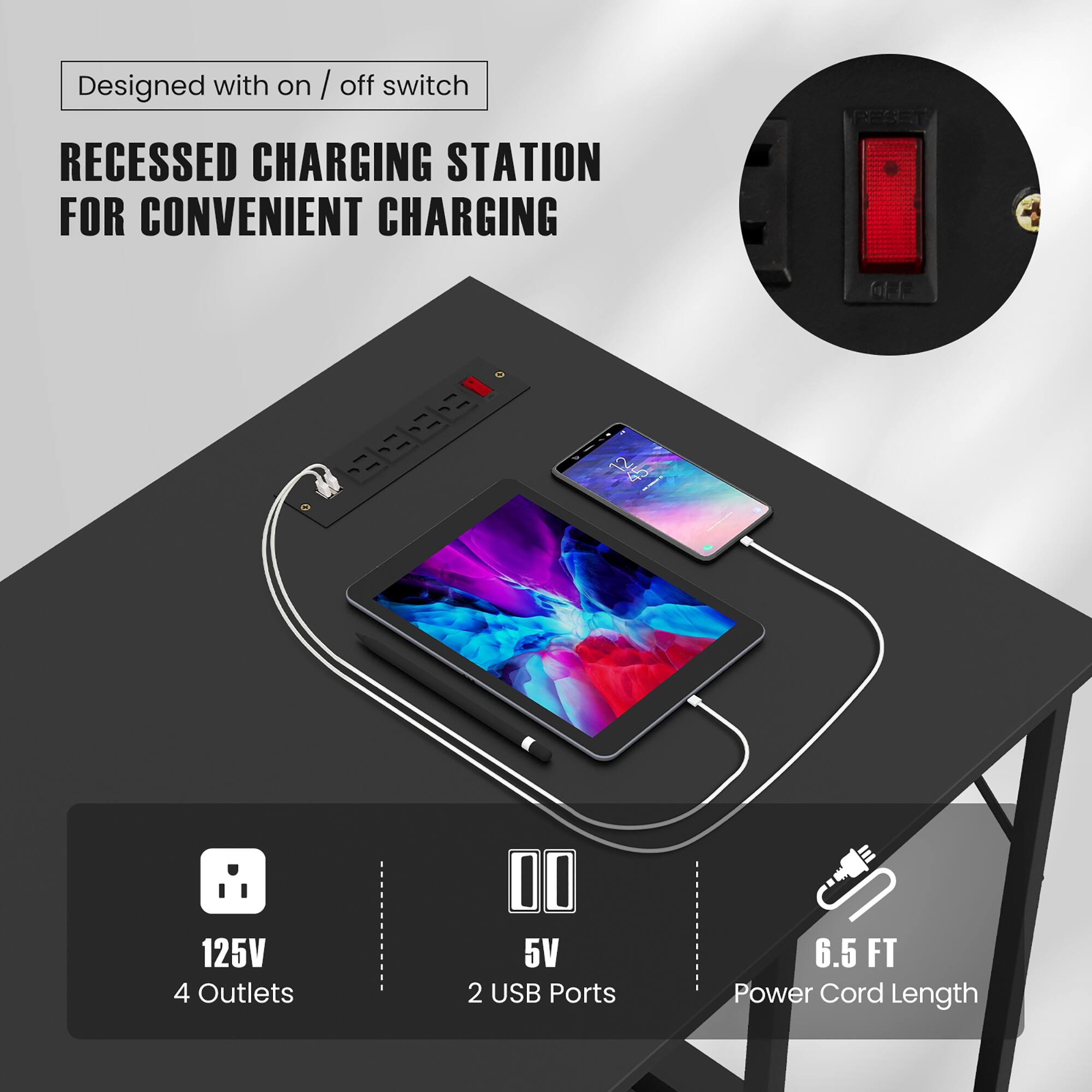 Designed with on/off switch, RECESSED CHARGING STATION FOR CONVENIENT CHARGING, 125V 4 Outlets, 5V 2 USB Ports, 6.5 FT Power Cord Length