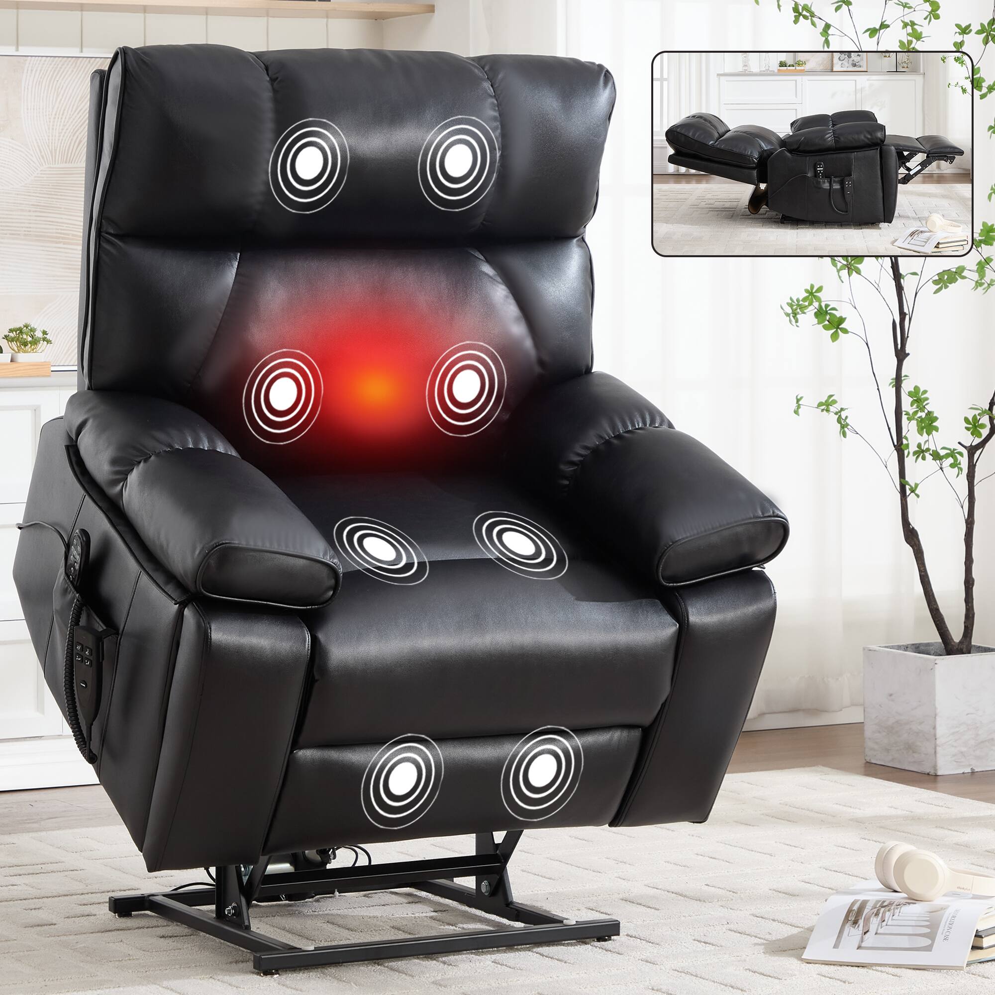 Angle. LUCKY ONE - Leatheraire Dual Motor Power Lift Recliner Chair with Massage, Heat and Hidden Cup Holders - Black.