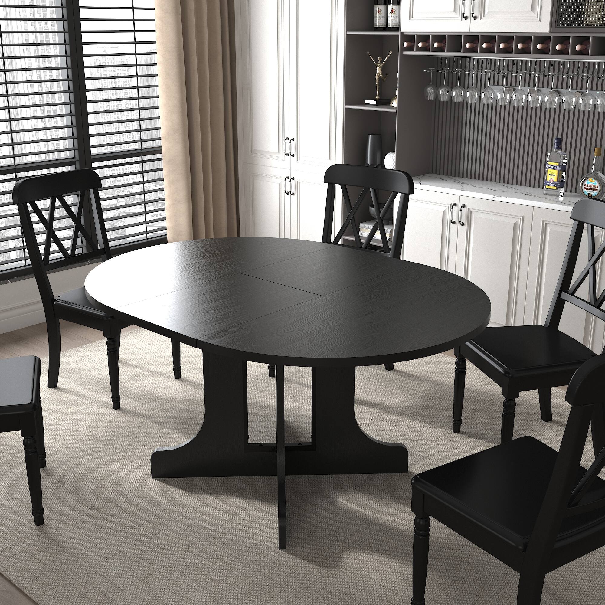 Left. Tiramisubest - Dining Table for Farmhouse Kitchen 59x43 Inch Expandable Oval Table Top with Removable Leaf Trestle X Shaped Base,Black - Black.
