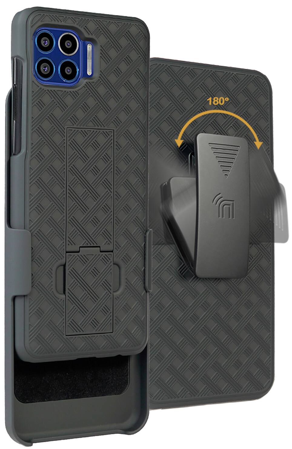 Front. Nakedcellphone - Case with Stand and Belt Clip Holster for Motorola Moto One 5G - Black.