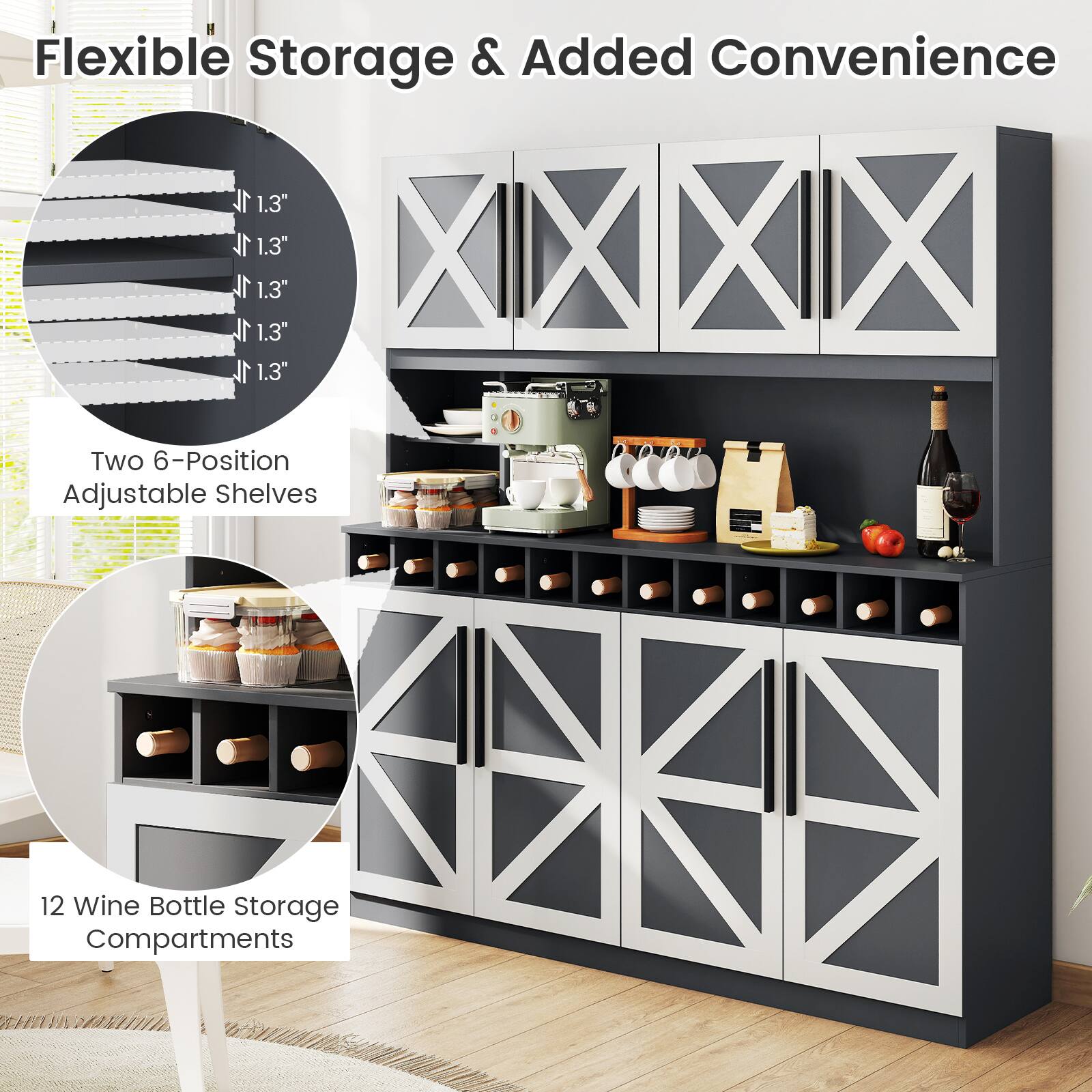 Flexible Storage & Added Convenience

- Two 6-Position Adjustable Shelves
- 1.3" (repeated four times)
- 1h 1.3" (repeated twice)
- 1k 1.3"
- 12 Wine Bottle Storage Compartments