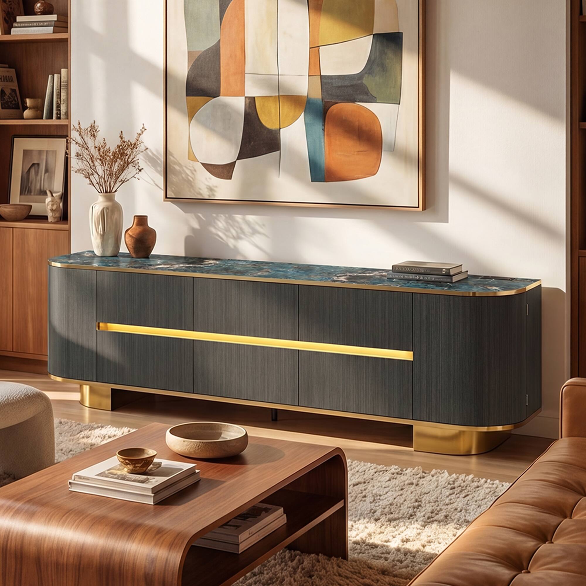 Angle. Famapy - Luxury TV Stand with Smart LED Lights & Power Outlets, 82.7" Marble Top Media Console for Living Room - Dark Gray.