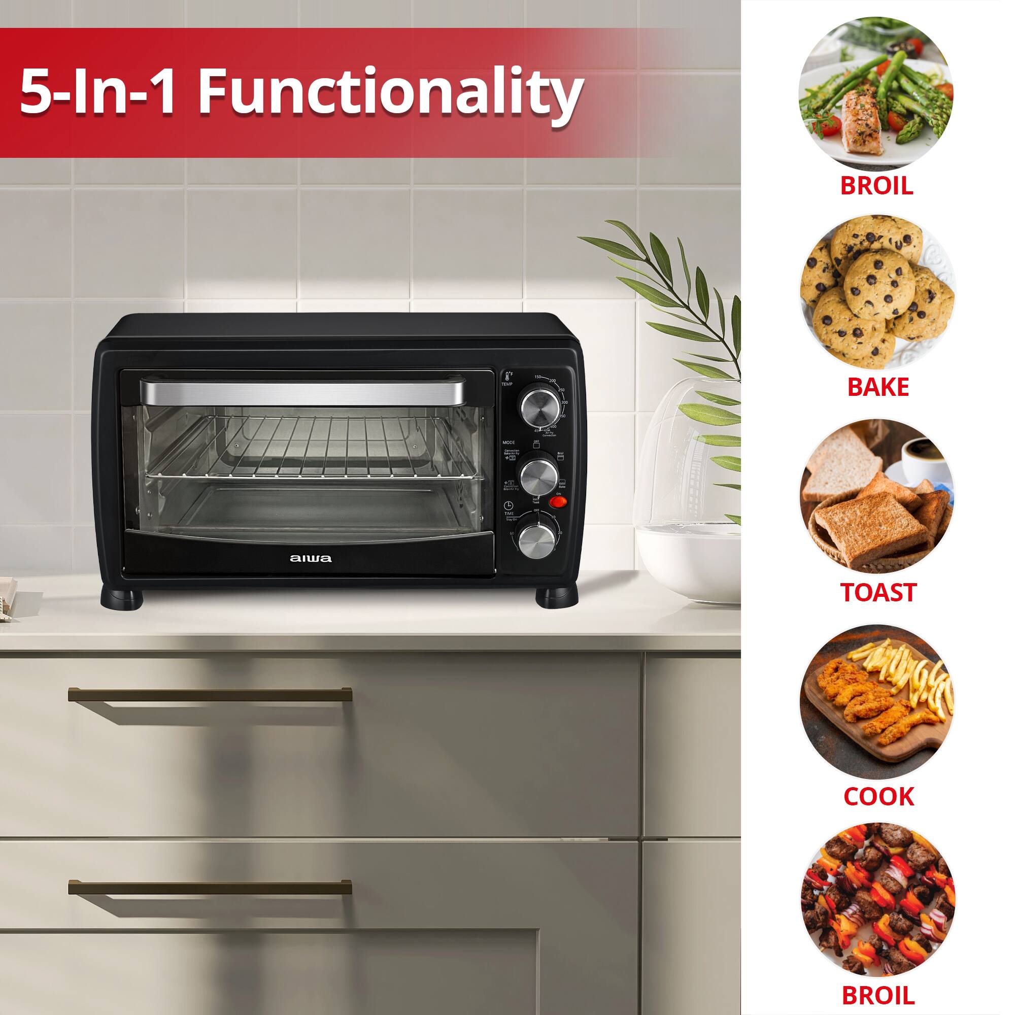 5-In-1 Functionality: BROIL, BAKE, TOAST, COOK, BROIL