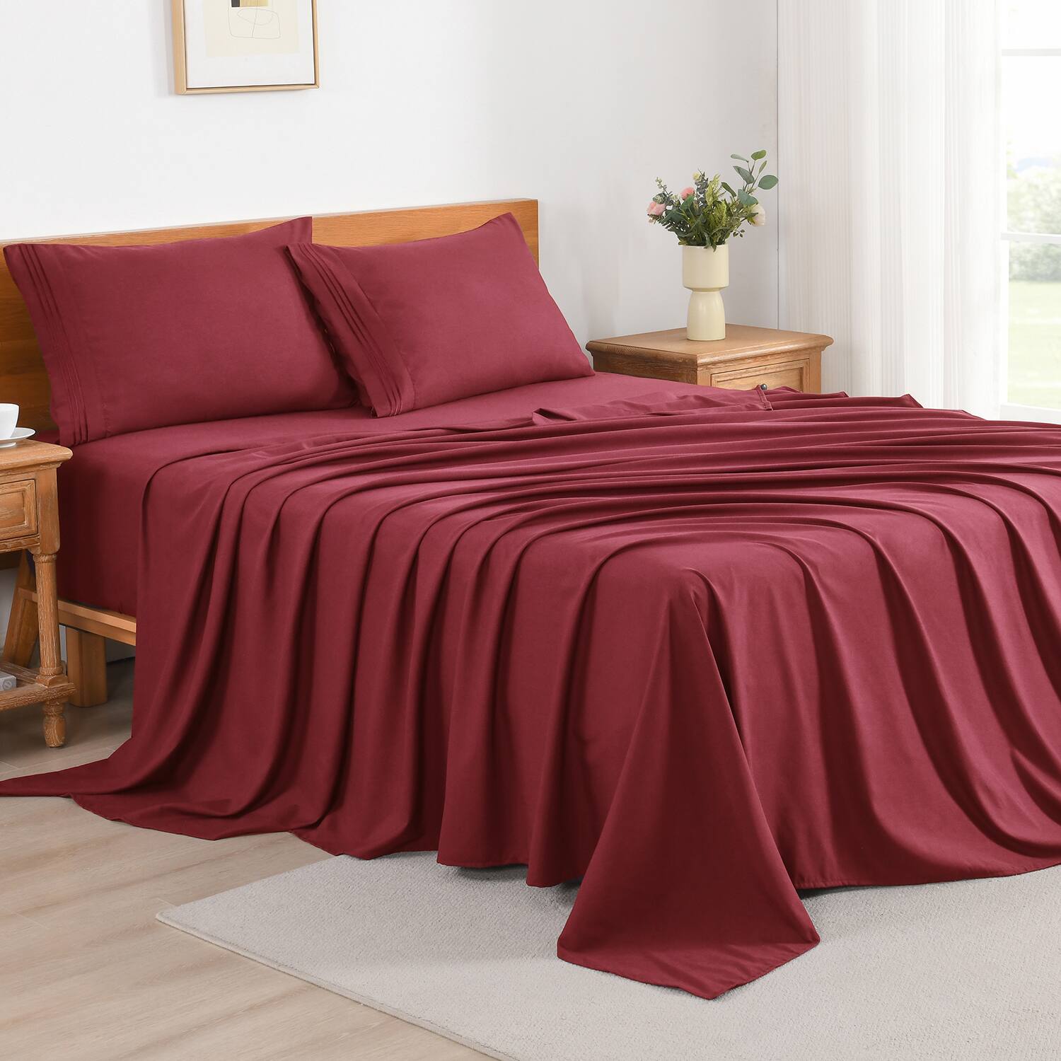 Angle. MarCielo - Marcielo 3/4 Pcs Soft Solid & Embroidery Bed Sheets Set - Burgundy.