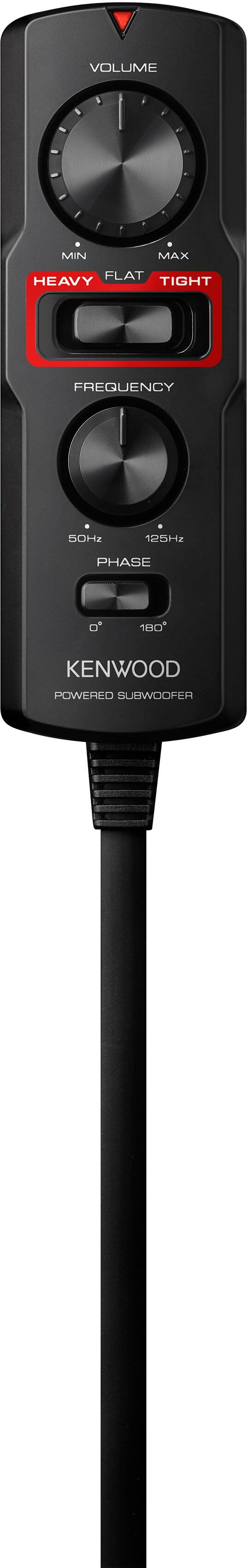 The text on the image reads: "Volume Min Max Flat Heavy Tight Frequency 50Hz 125Hz Phase 0° 180° Kenwood Powered Subwoofer."