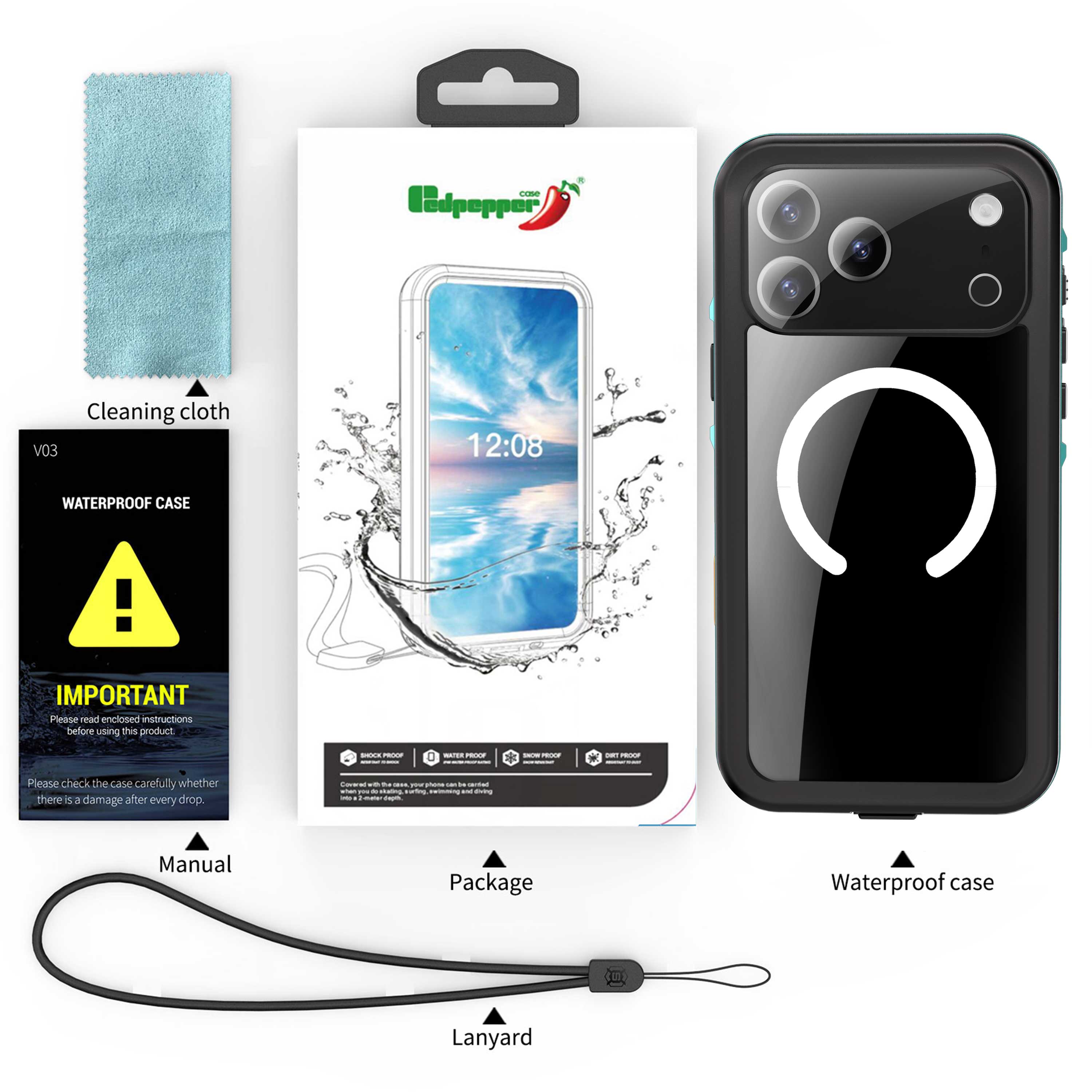 ONE Pedpepper Cleaning cloth V03 12:08 WATERPROOF CASE ! IMPORTANT Please read enclosed instructions before using this product - - 0 - - - - - - Please check the case carefully whether there is damage after every drop I - - 1 - F - - - - - - - - Manual Package Waterproof case Lanyard