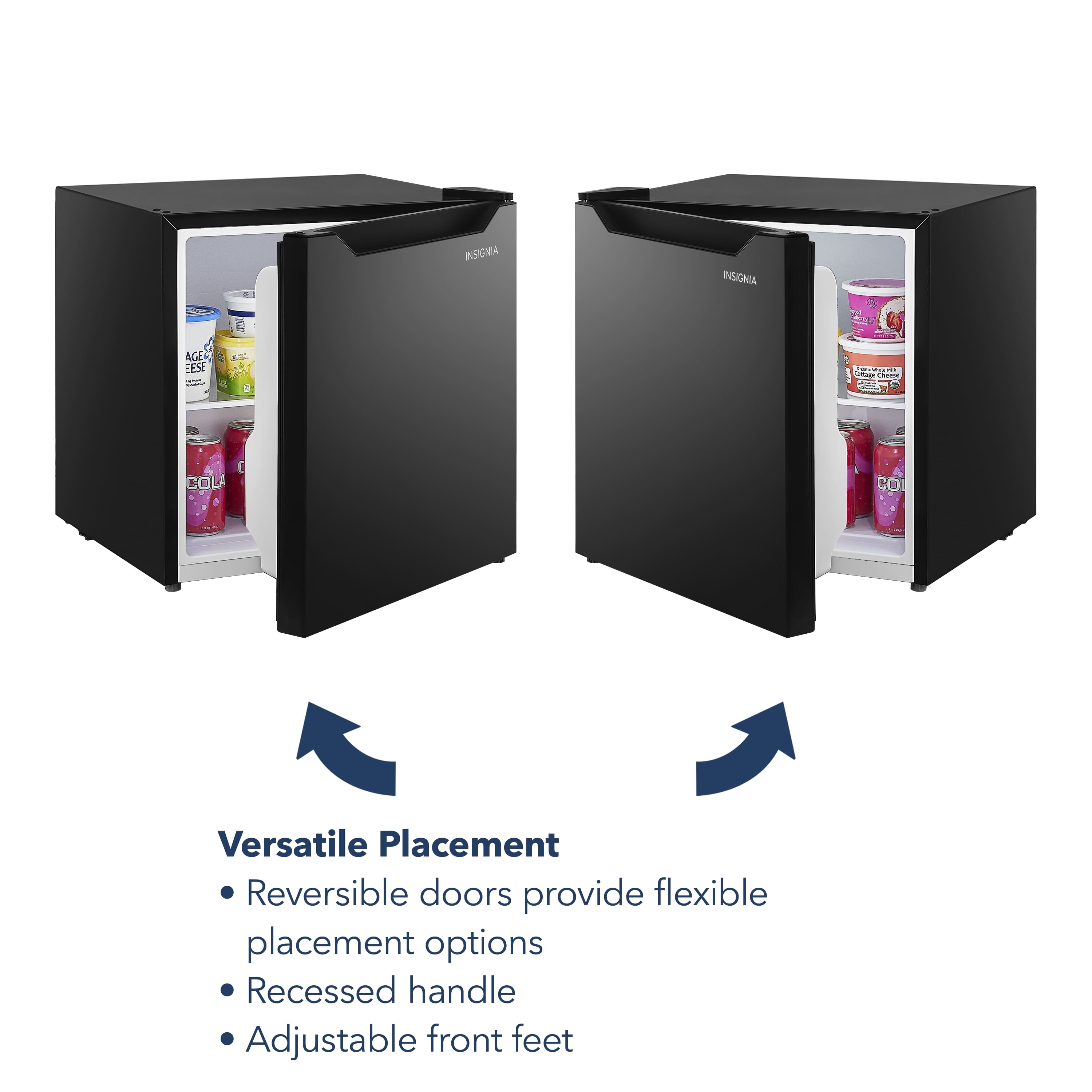 Sure, here is the corrected and grouped text:
---
**Versatile Placement**
- Reversible doors provide flexible placement options
- Recessed handle
- Adjustable front feet
---
**INSIGNIA**