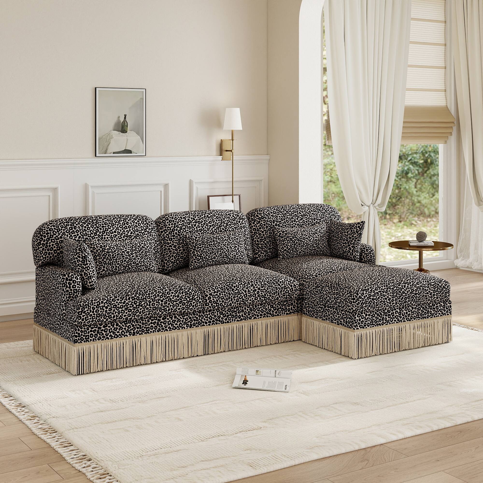 Left. Anysun - Modern Fashion Style L-Shaped Chenille Leopard Print Sofa with Movable Ottoman & Tassel Edge, Easy Assembly, Deep Seat - khaki.