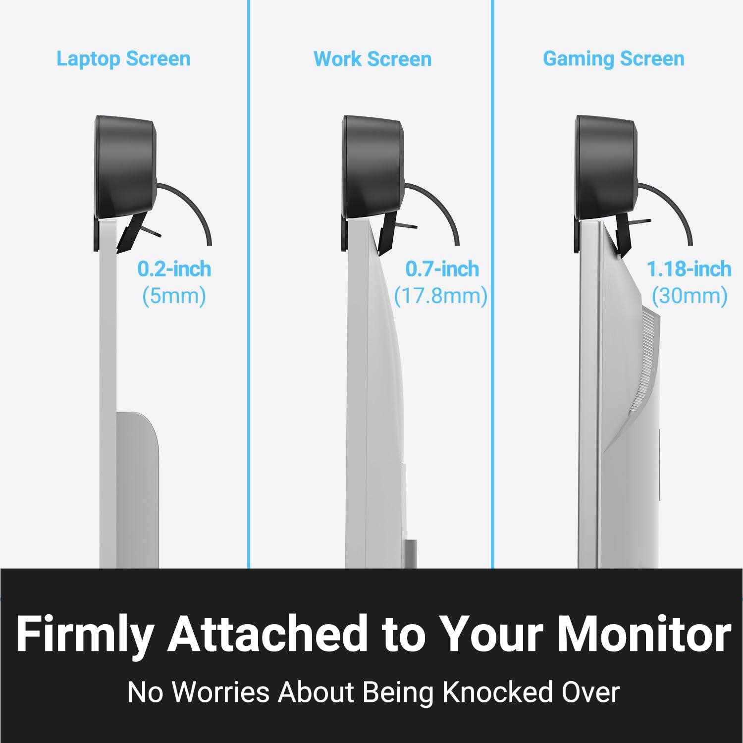 Laptop Screen  
0.2-inch (5mm)  

Work Screen  
0.7-inch (17.8mm)  

Gaming Screen  
1.18-inch (30mm)  

Firmly Attached to Your Monitor  
No Worries About Being Knocked Over