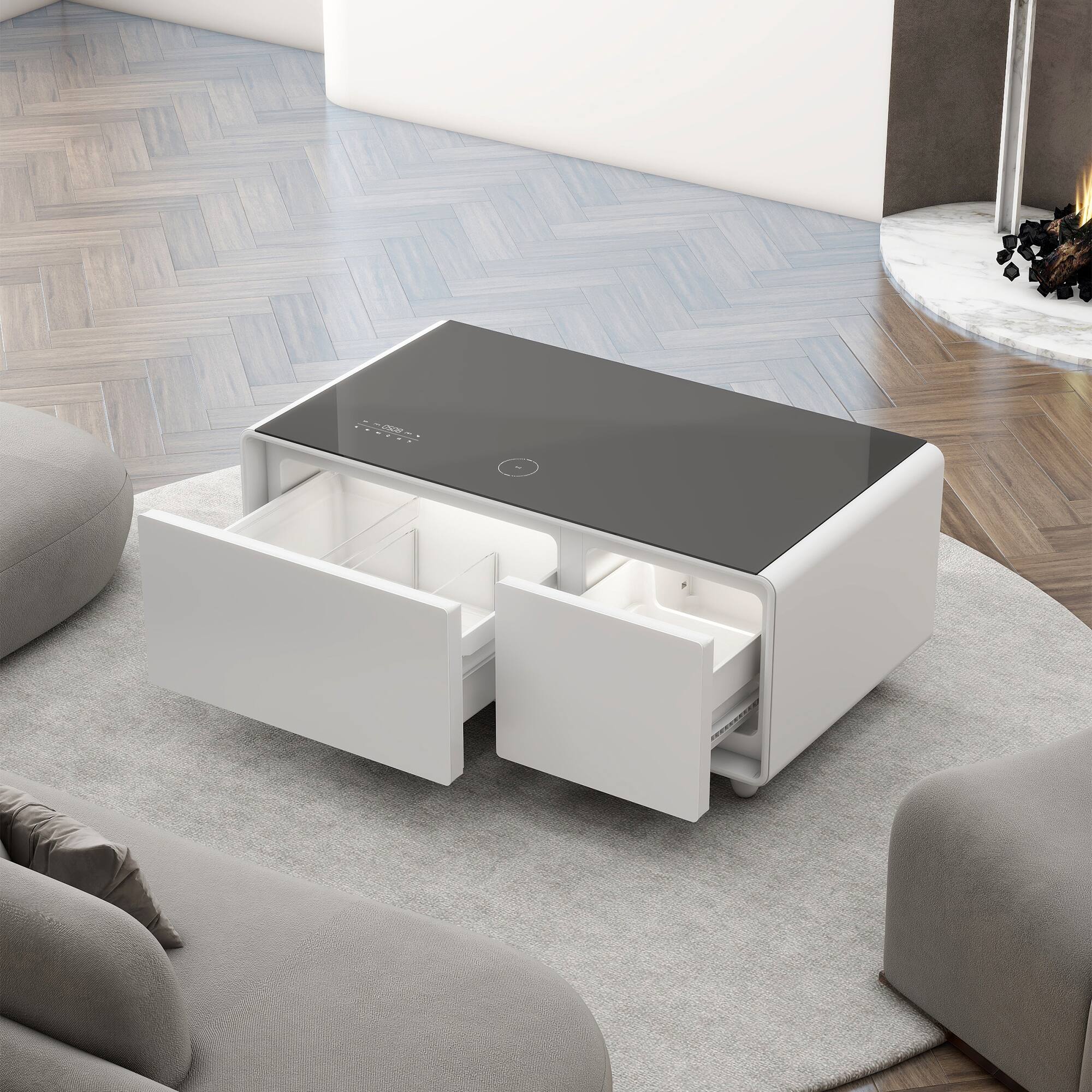 Back. TinyHomie - Modern Smart Coffee Table Built In Fridge Freezer Bluetooth Wireless Charging Usb White - White.