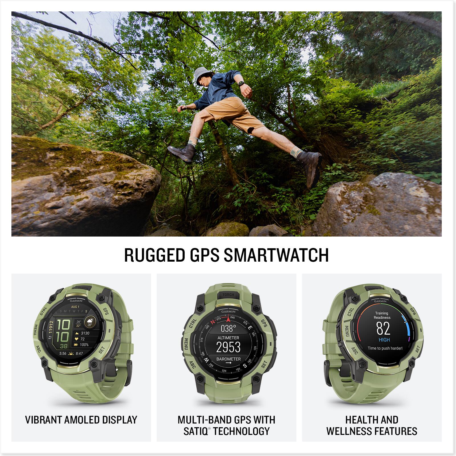 RUGGED GPS SMARTWATCH TORCH C M! CTRL MIWEES . . . - 1912 10 I 1 OETE to 10 72 38 100% V 47 5.56 GPS SET HASAN - CTAL - 038 E ALTIMETER H MENU 2953 W BAROMETER ABC GPS SET GTAL MENU ANG C Training Readiness 82 HIGH Time in handen S VIBRANT AMOLED DISPLAY MULTI-BAND GPS WITH SATIQ TECHNOLOGY HEALTH AND WELLNESS FEATURES