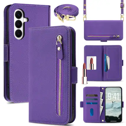 Front. Dteck - For Samsung Galaxy S26 Shockproof Leather Zipper Flip Wallet Case With Mirror and Crossbody Strap - Purple.