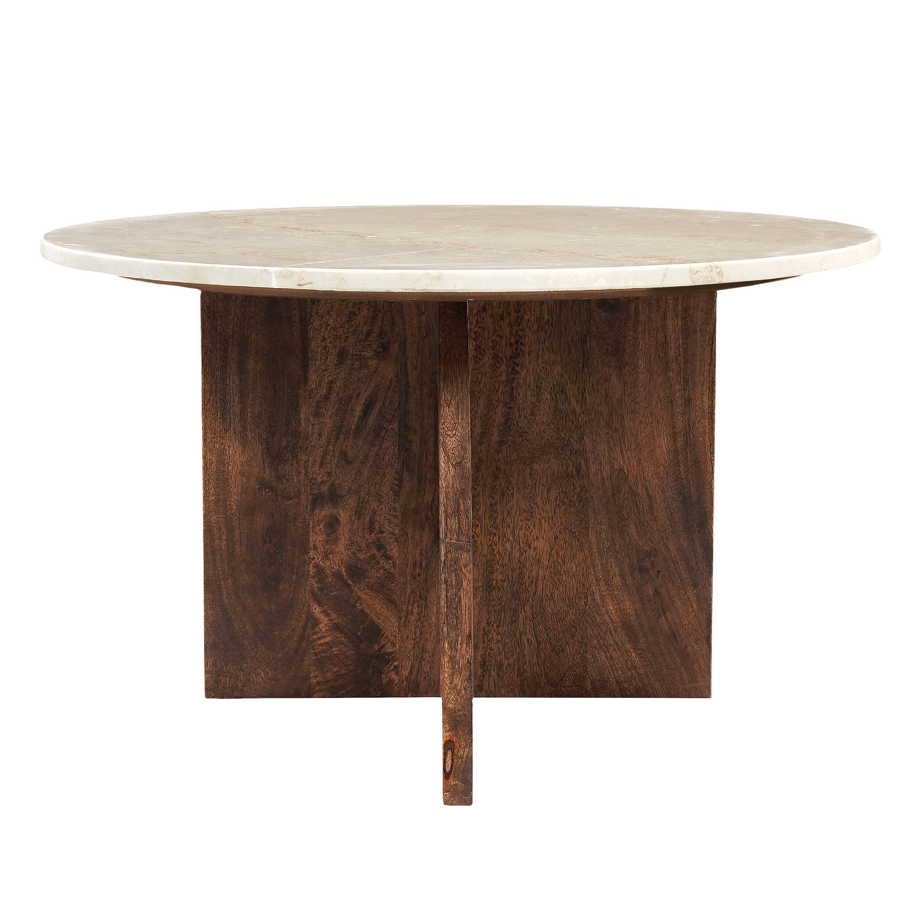 Angle. Manhattan Lane - Kali Coffee Table, 27" Natural Round Marble Tabletop, Mango Wood Sculptural Base - Brown, White.