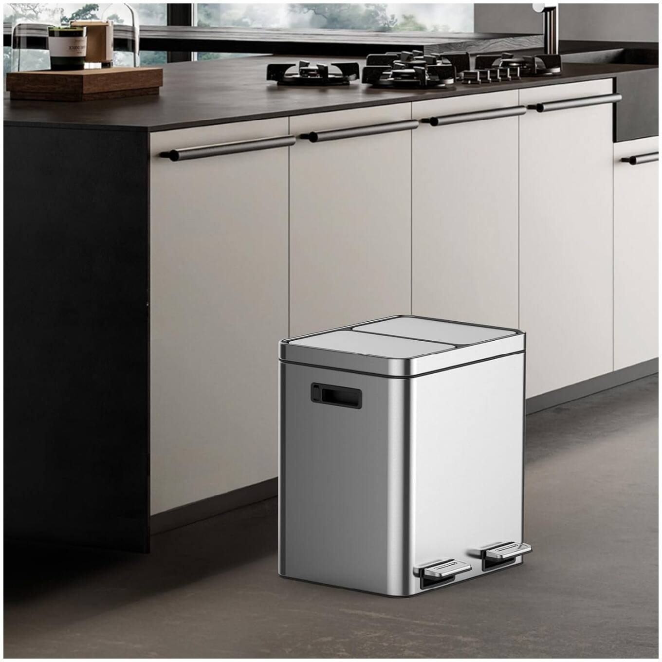 Alt View 1. GARVEE - Dual Compartment Trash Can - 30L/8 Gal Stainless Steel Kitchen Trash Can - Silver.