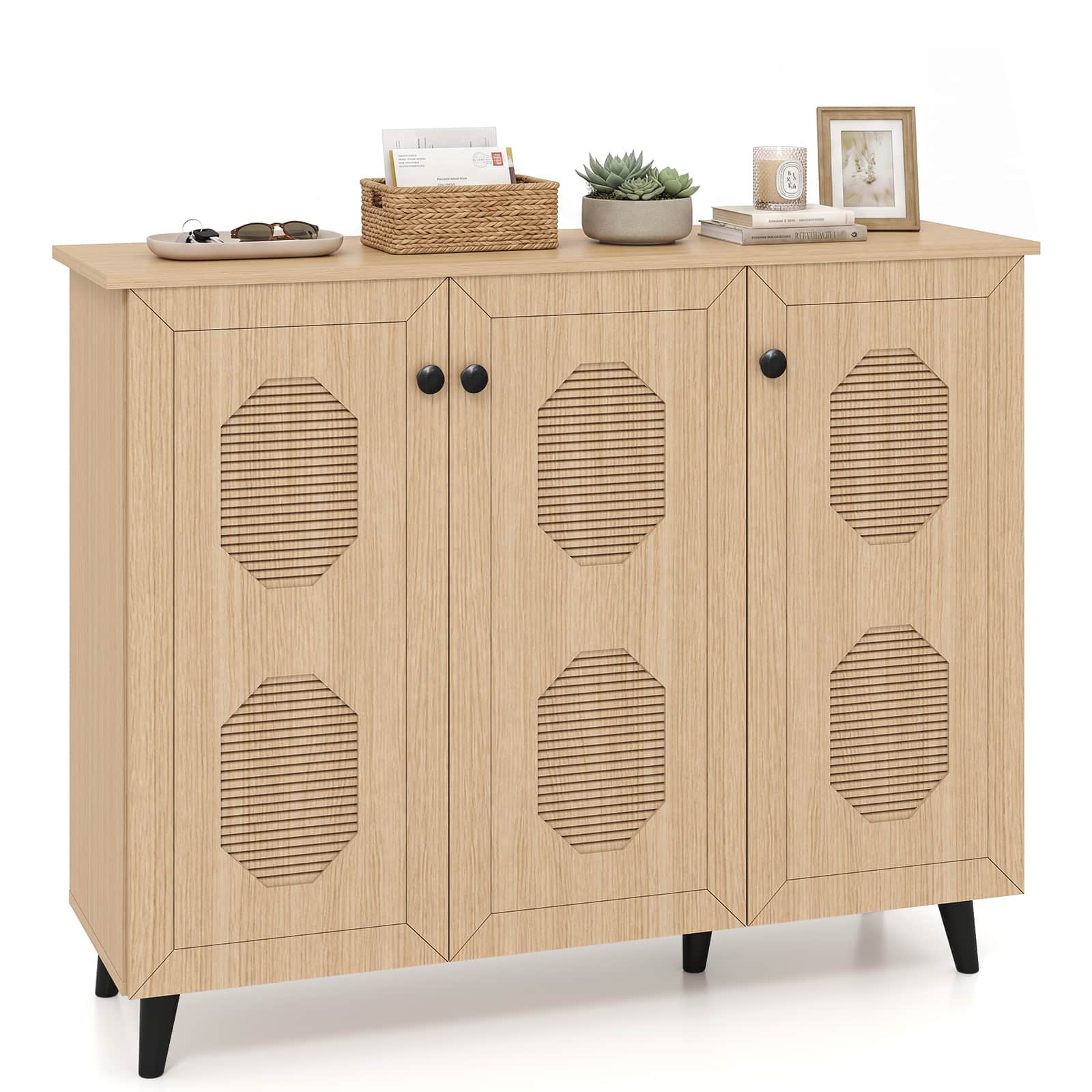 Costway - Shoe Cabinet with 3 Doors Freestanding Closed Shoe Storage Unit for Hallway - 3-Door Octagonal Cutouts Natural