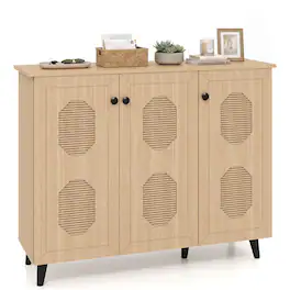 Costway - Shoe Cabinet with 3 Doors Freestanding Closed Shoe Storage Unit for Hallway - 3-Door Octagonal Cutouts Natural