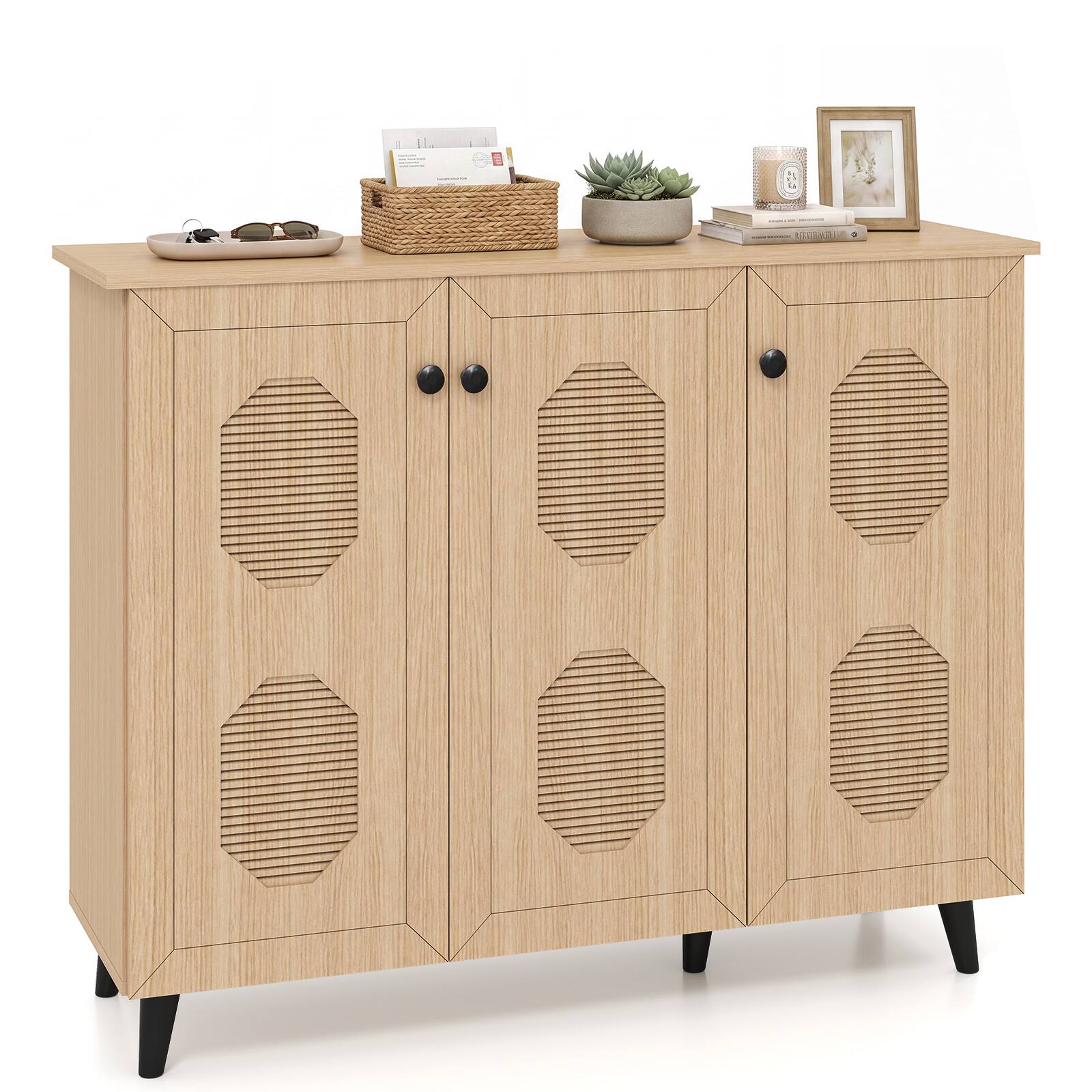 Front. Costway - Costway Shoe Cabinet with 3 Doors Freestanding Closed Shoe Storage Unit for Hallway - 3-Door Octagonal Cutouts Natural.