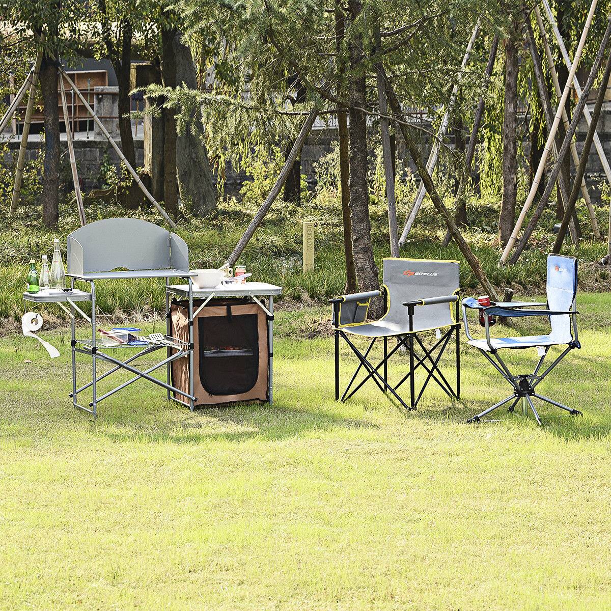 Alt View 11. Costway - Foldable Camping Table Outdoor BBQ Portable Grilling Stand w/Windscreen Bag - Silver.