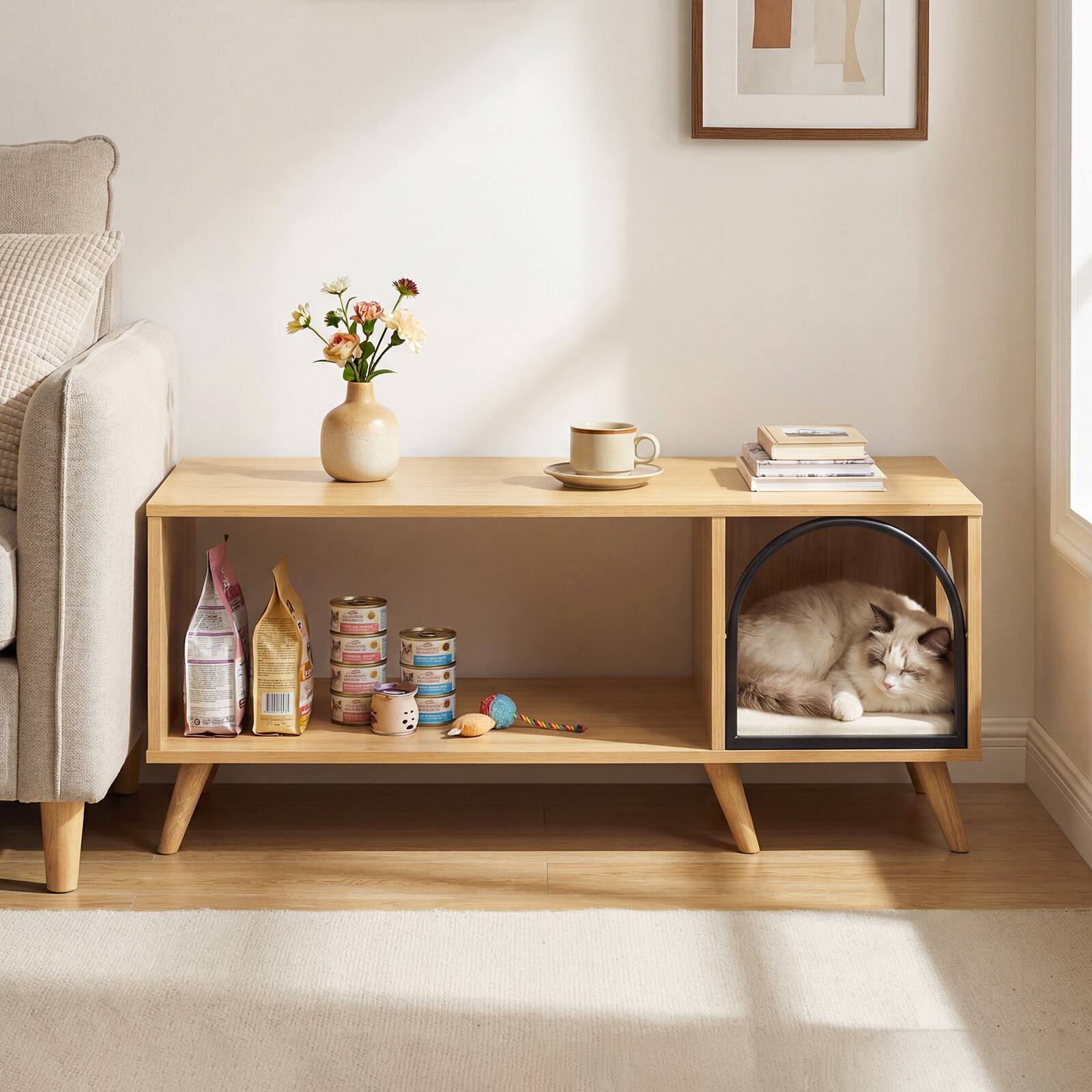 Alt View 3. Gymax - Gymax 40'' Coffee Table w/ Cat House 2-in-1 Farmhouse Cat Furniture Coffee Table - Yellow.